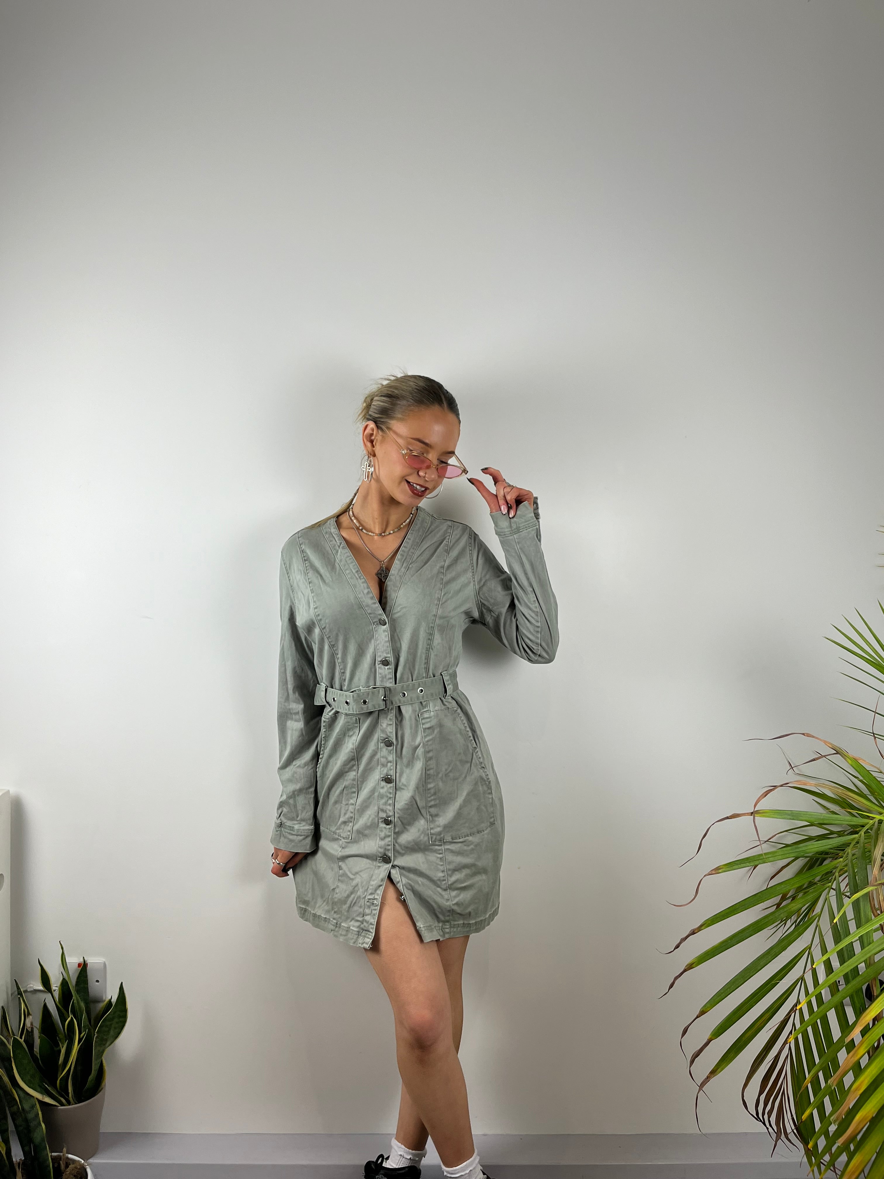 Vintage Y2K buckle dress grey trench coat