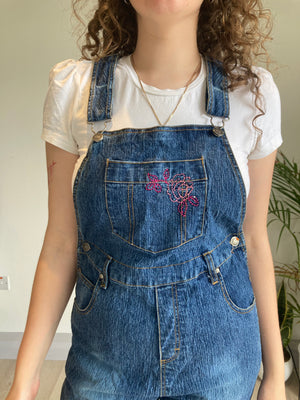 vintage blue denim embroidered rose dungarees