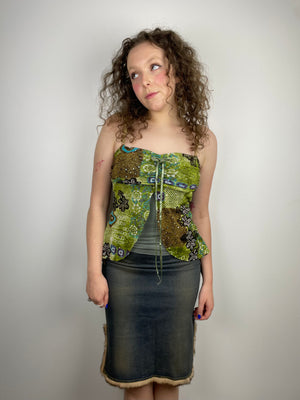 Vintage dark wash fur trim denim midi length skirt