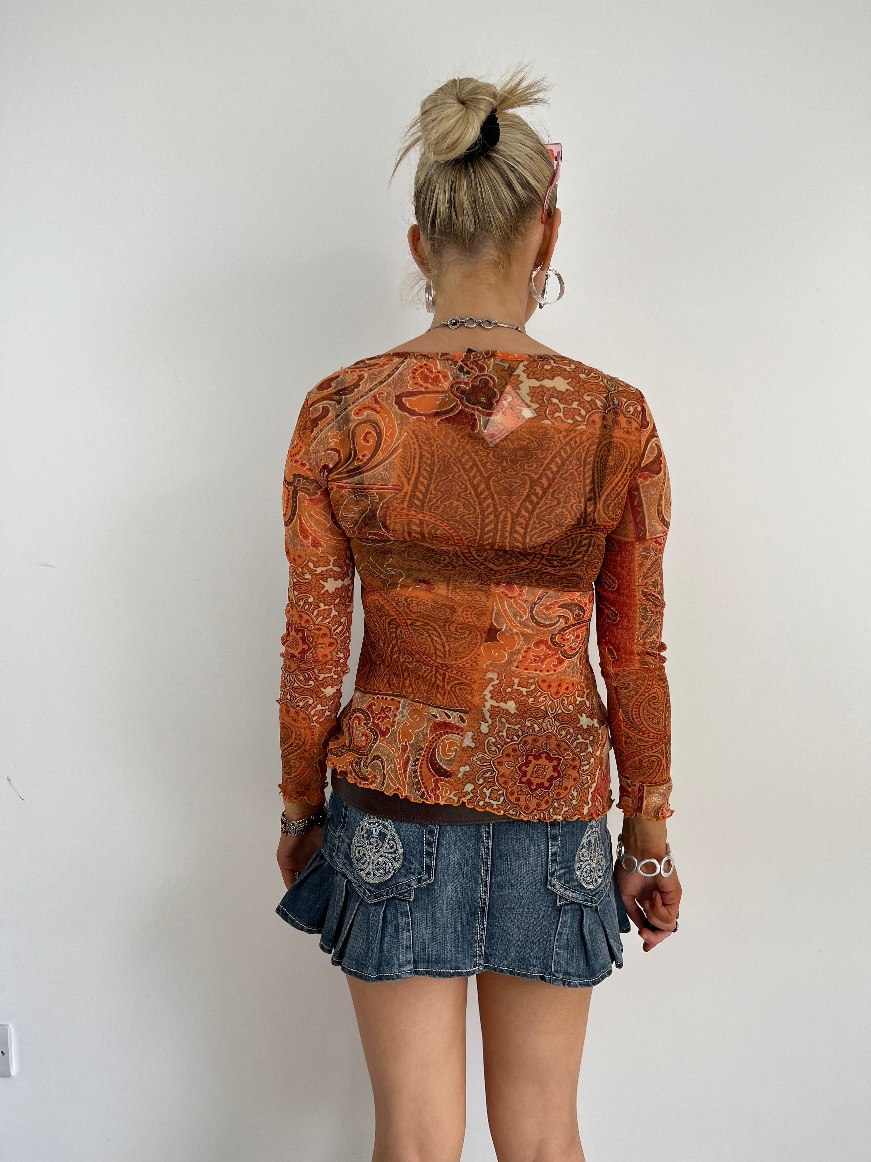 Vintage Orange Embellished Mesh Top (S)