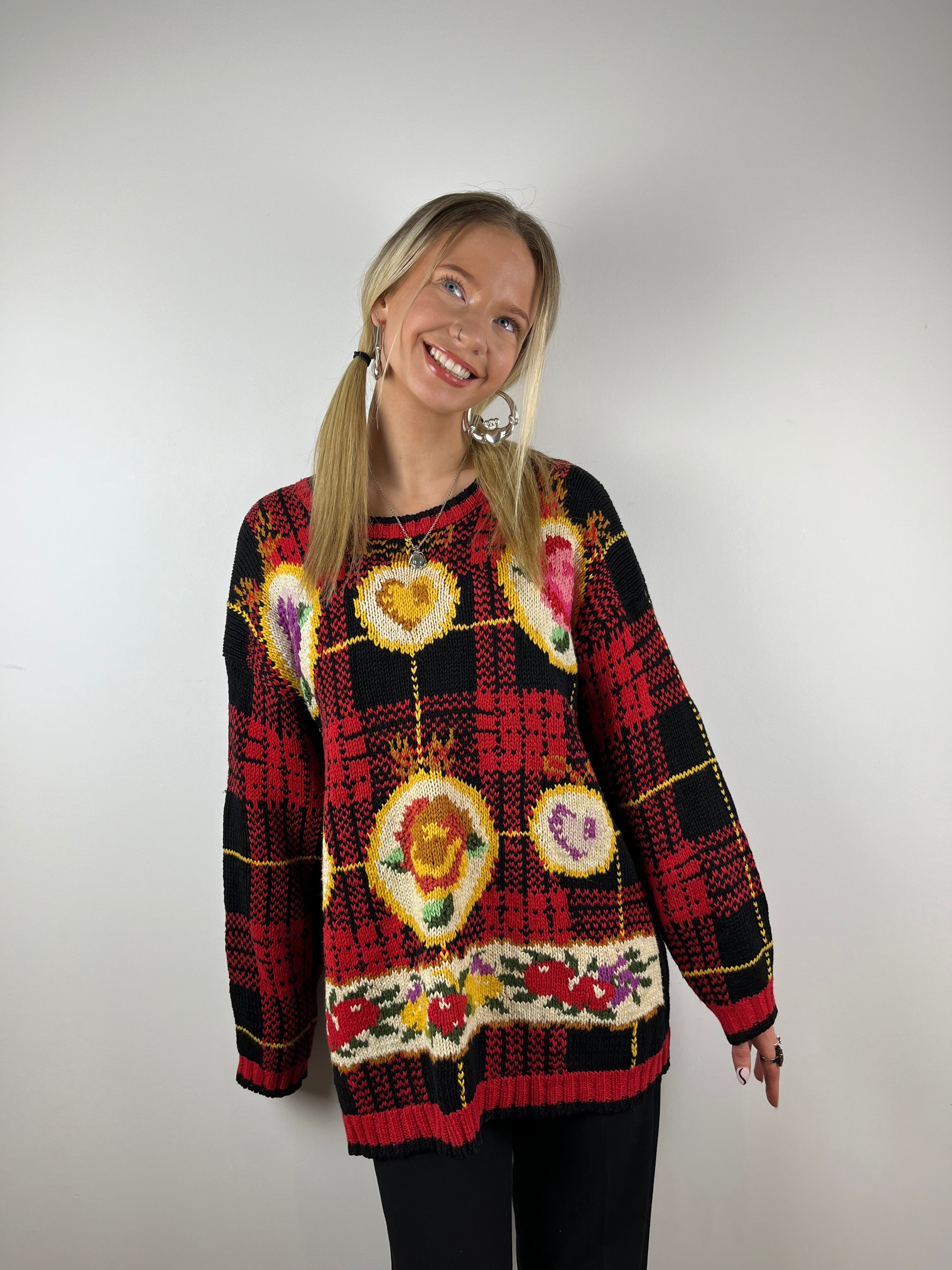 Vintage tartan floral red knit
