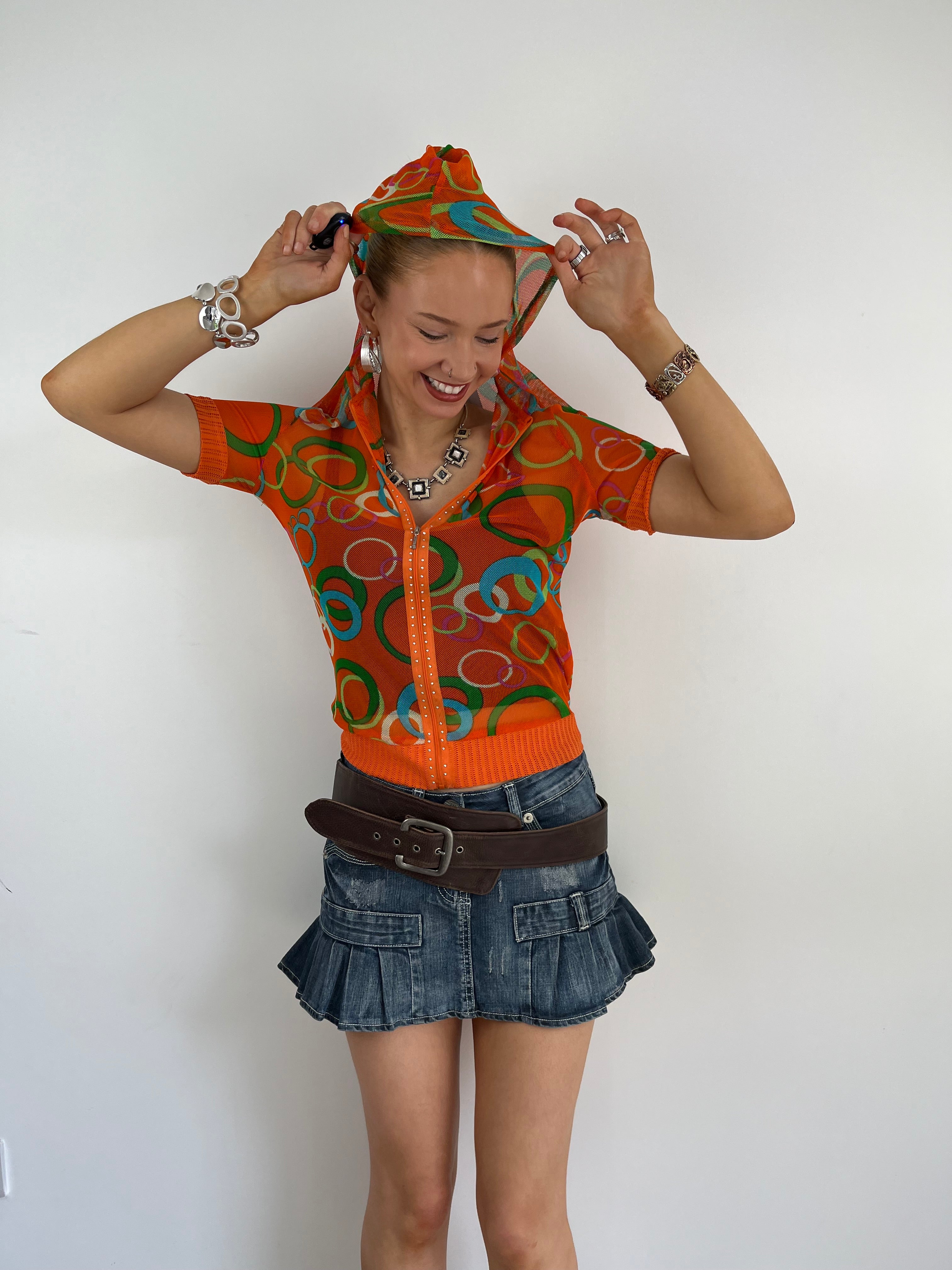 Vintage Y2K Mesh Hooded Zip Top (S)