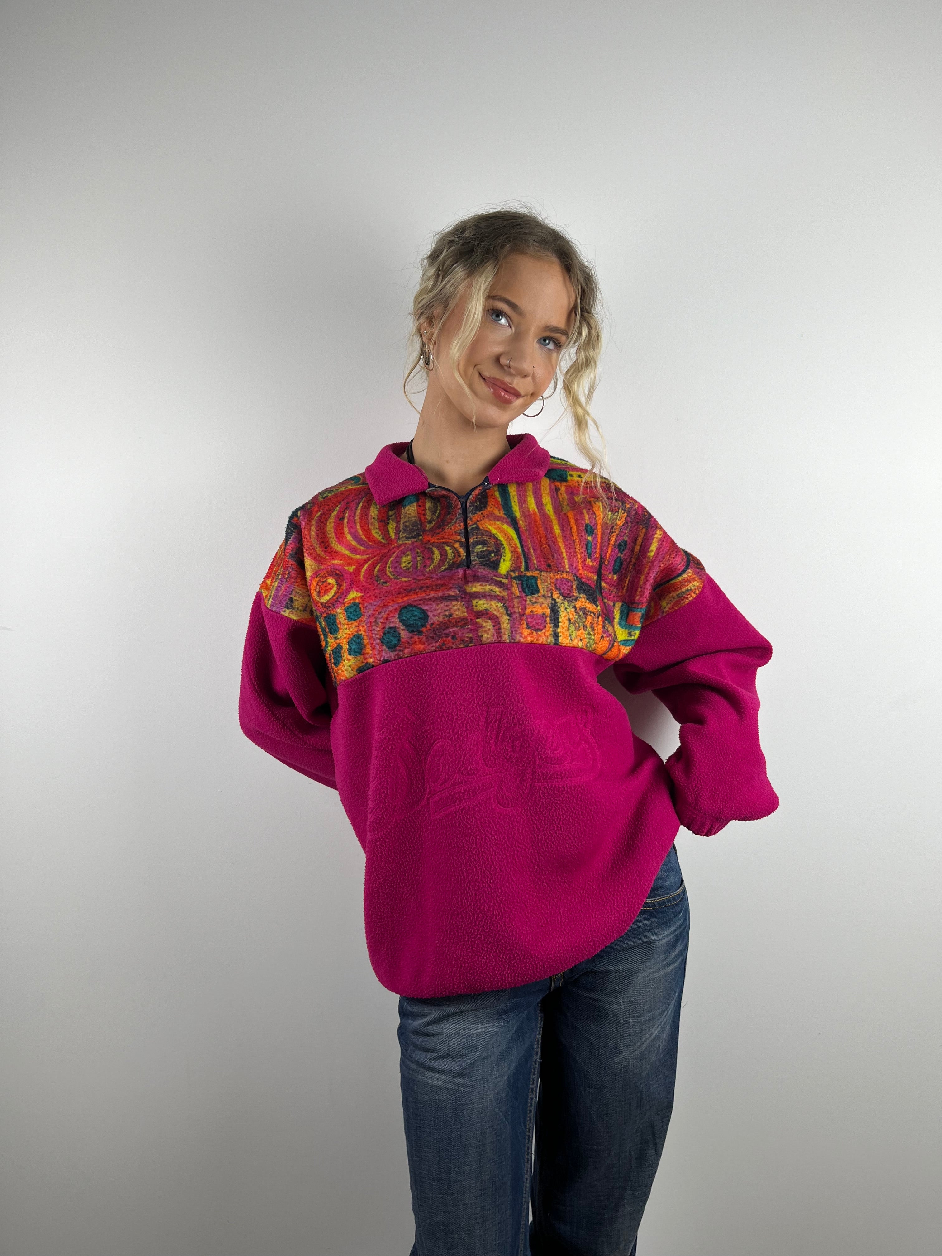 Vintage Half Patterned Half Pink Festival Zip Up Fleece