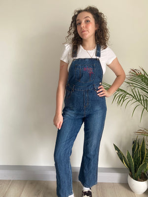 vintage blue denim embroidered rose dungarees