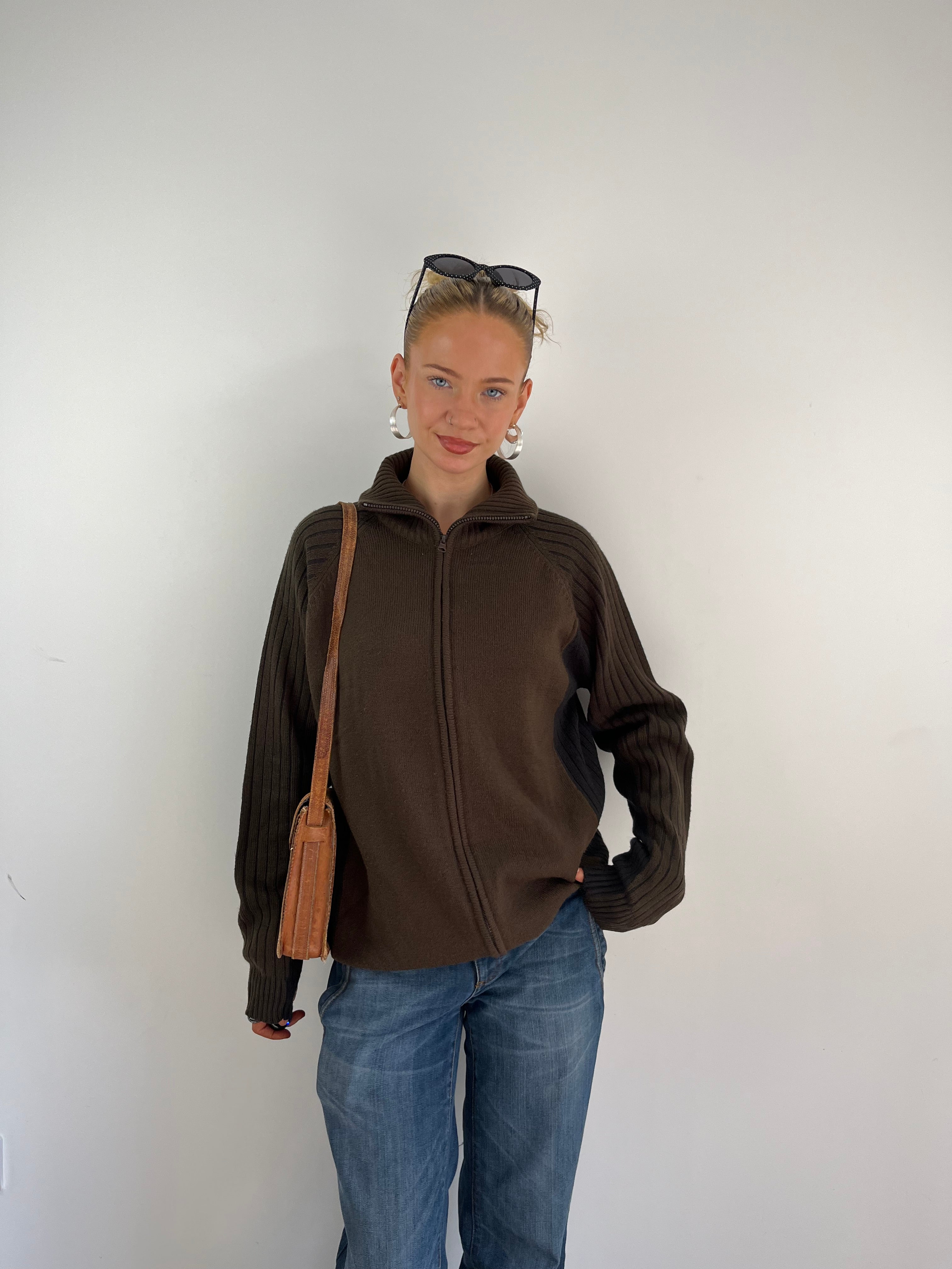 Vintage Brown & Navy Zip Up Knit (L)
