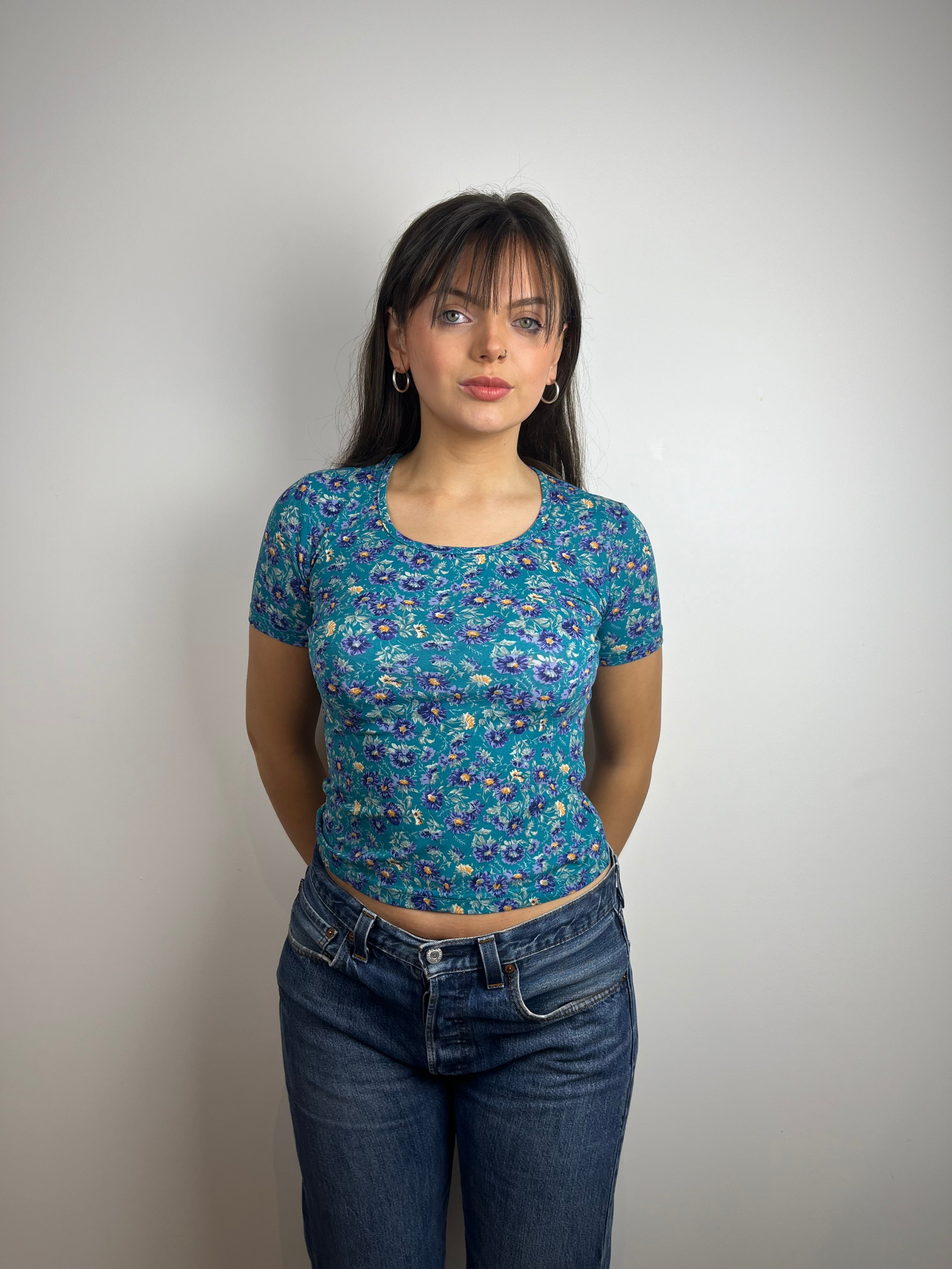 Vintage blue flower print y2k top