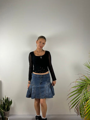 Vintage pleated denim midis skirt sequin y2k