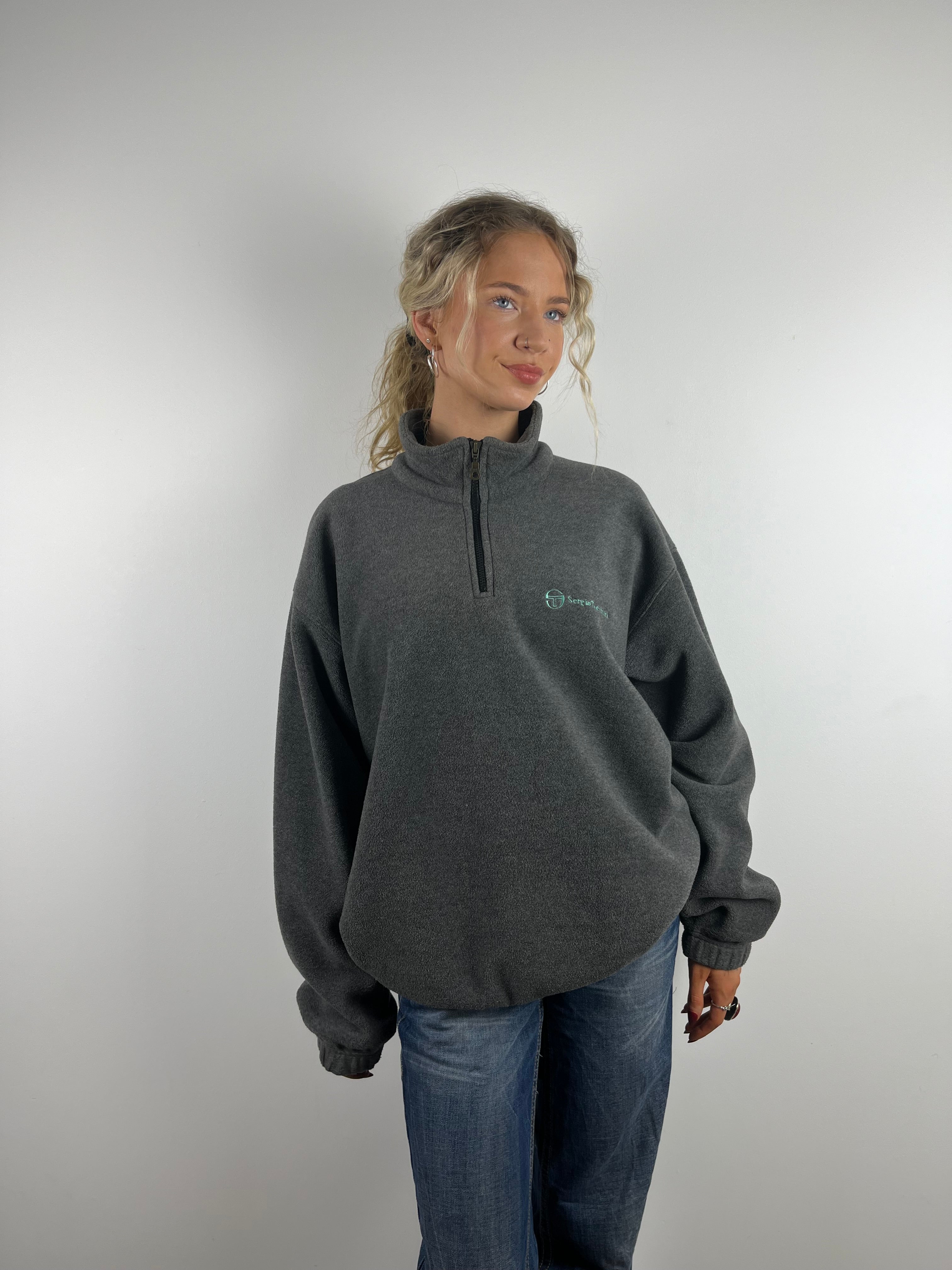 Vintage grey zip up blue writing