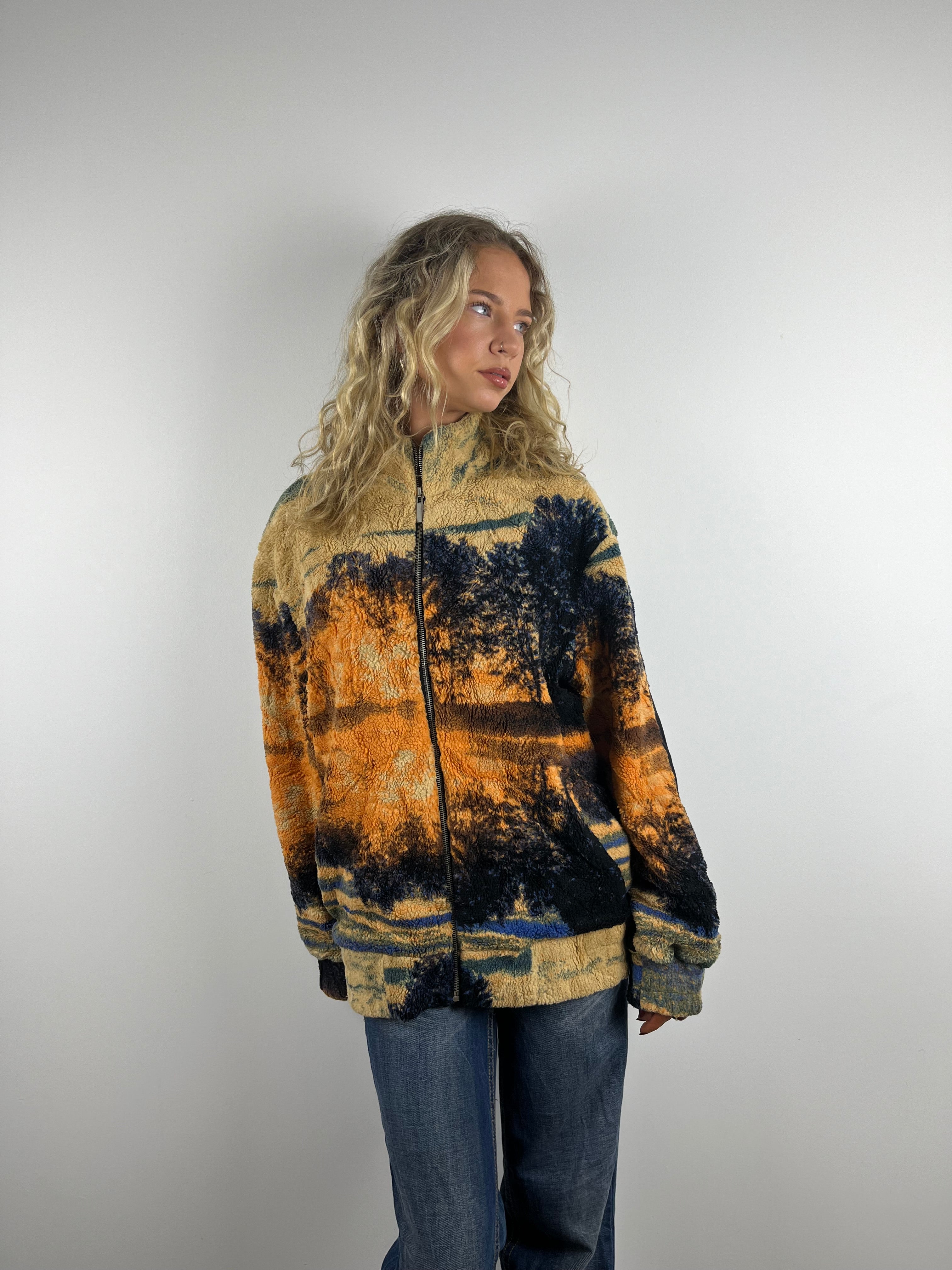 Vintage forest graphic orange zip up fleece