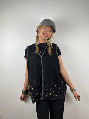 Vintage black floral embroidery knit sweater vest button up cardigan