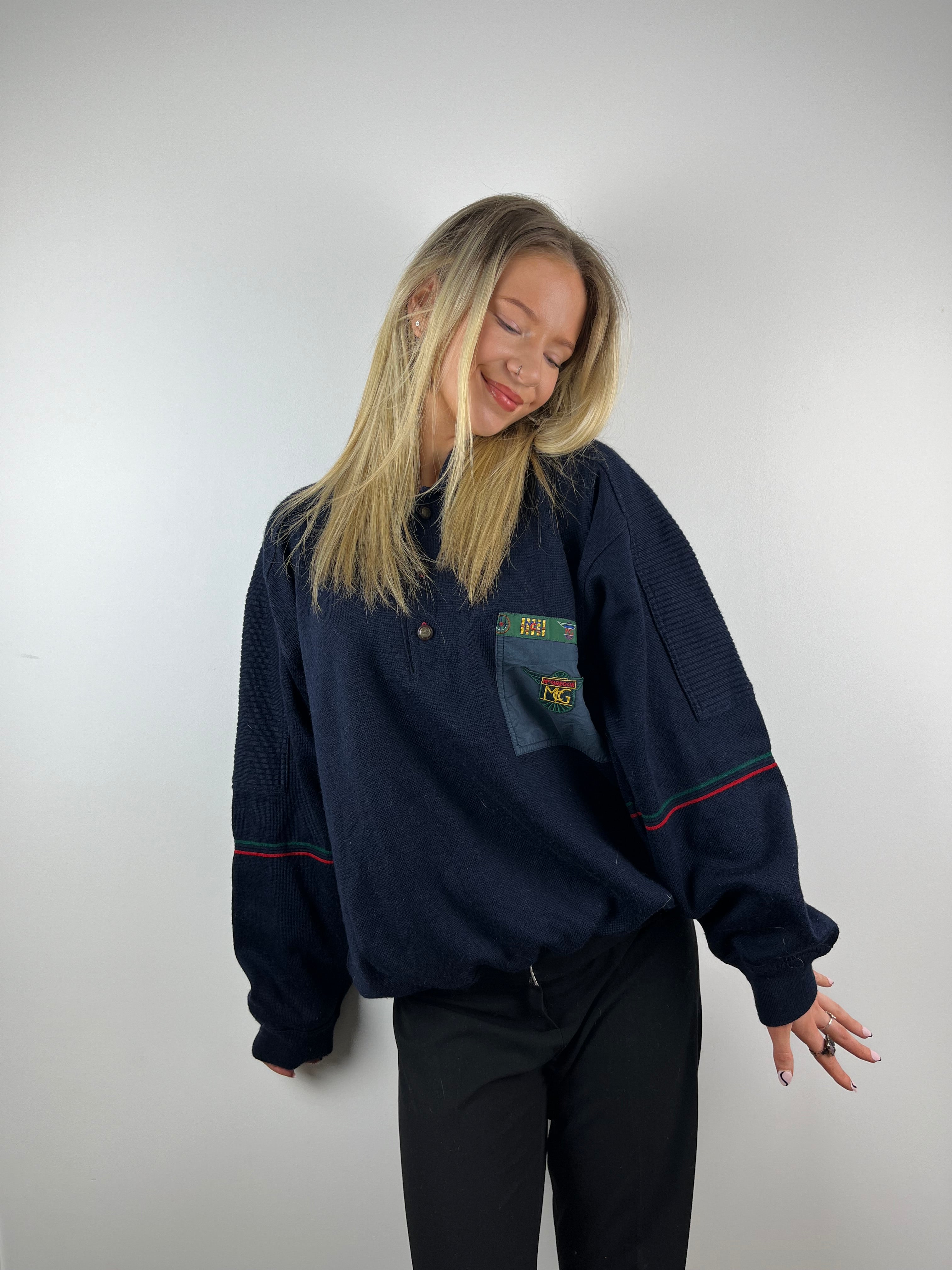 Vintage navy sailor button up collared knit sweater