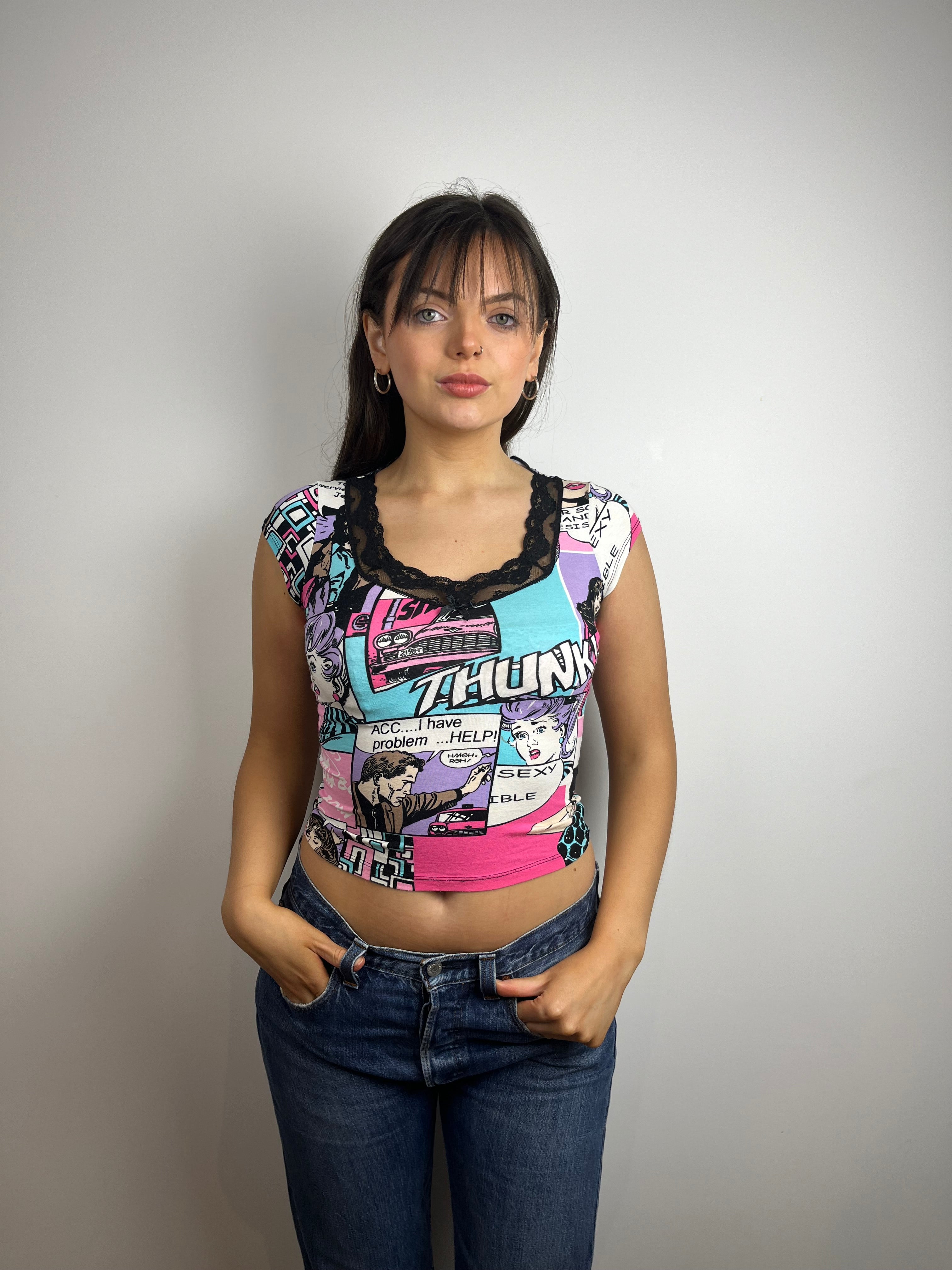 Vintage Y2K cartoon print lace trim top
