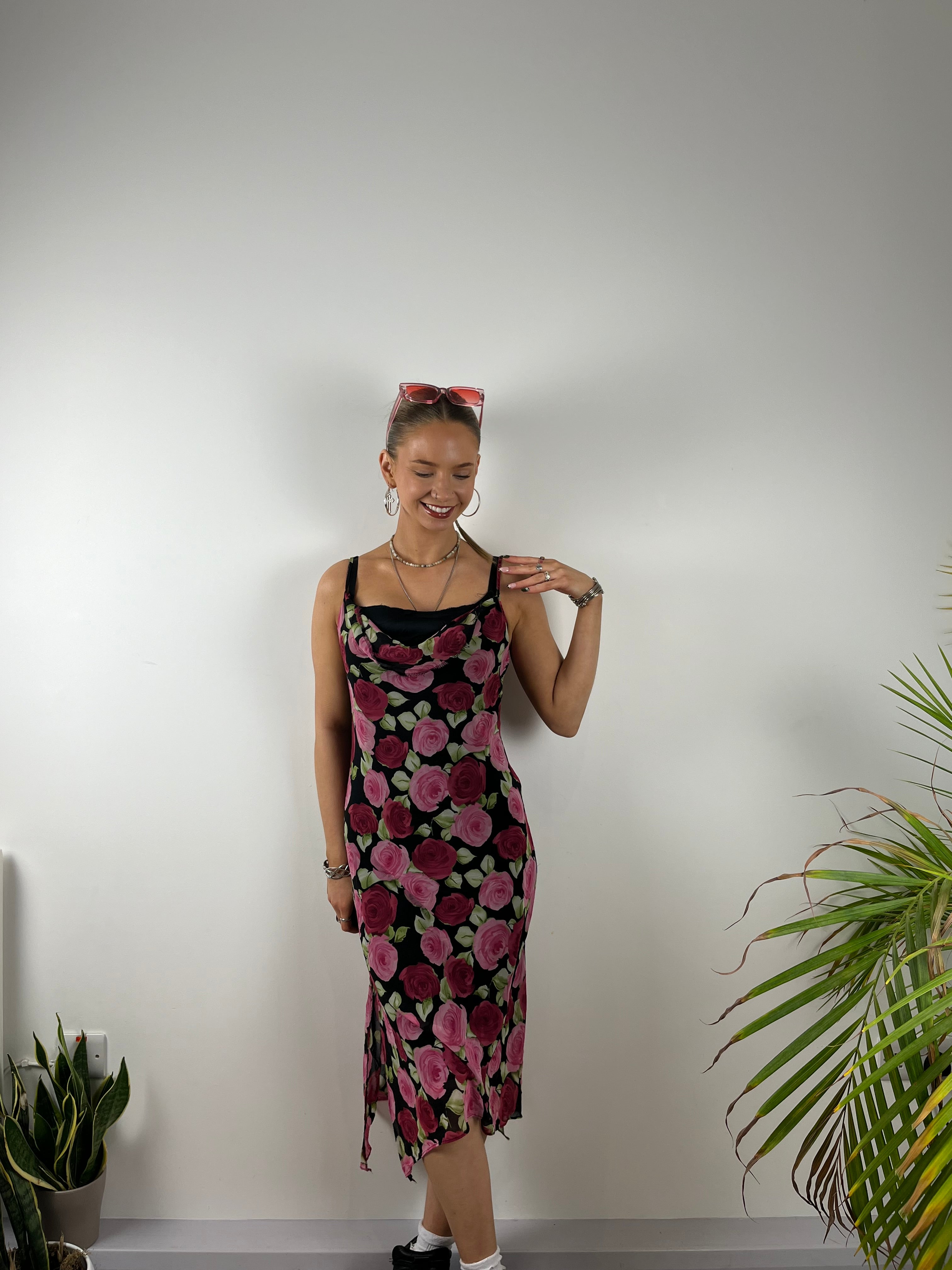 Vintage Y2K pink black cowl neck floral sun dress