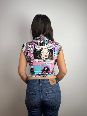 Vintage Y2K cartoon print lace trim top