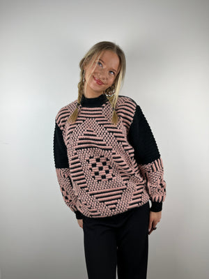 Vintage black and pink asymmetric button up collar knit