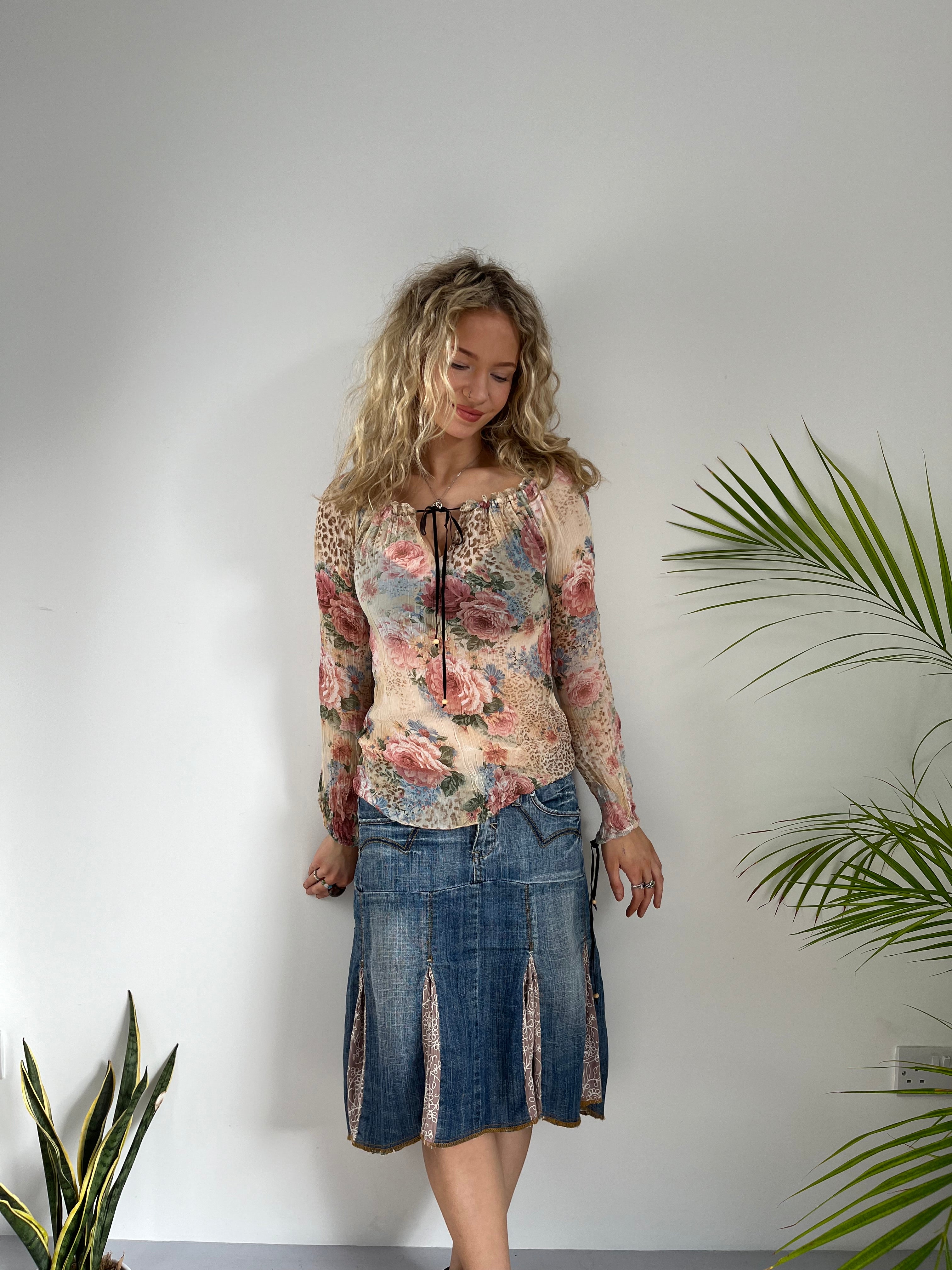 Vintage cheetah floral chiffon keyhole blouse