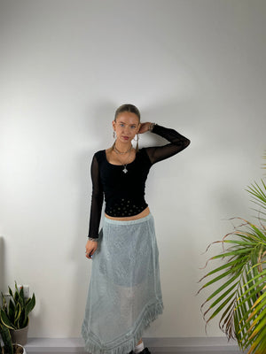 Vintage Y2K blue crochet fringe skirt