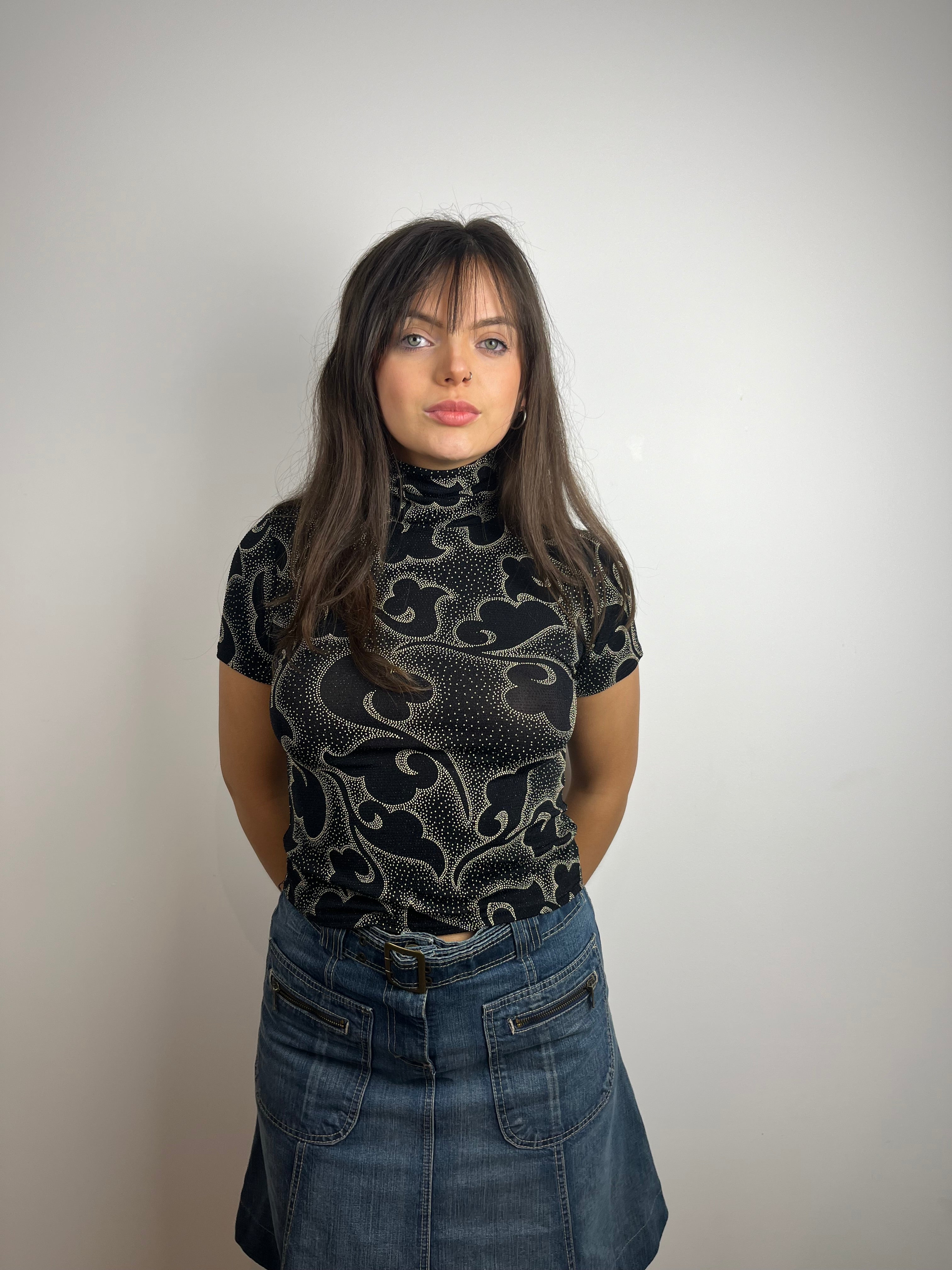 Vintage black floral design turtle neck top