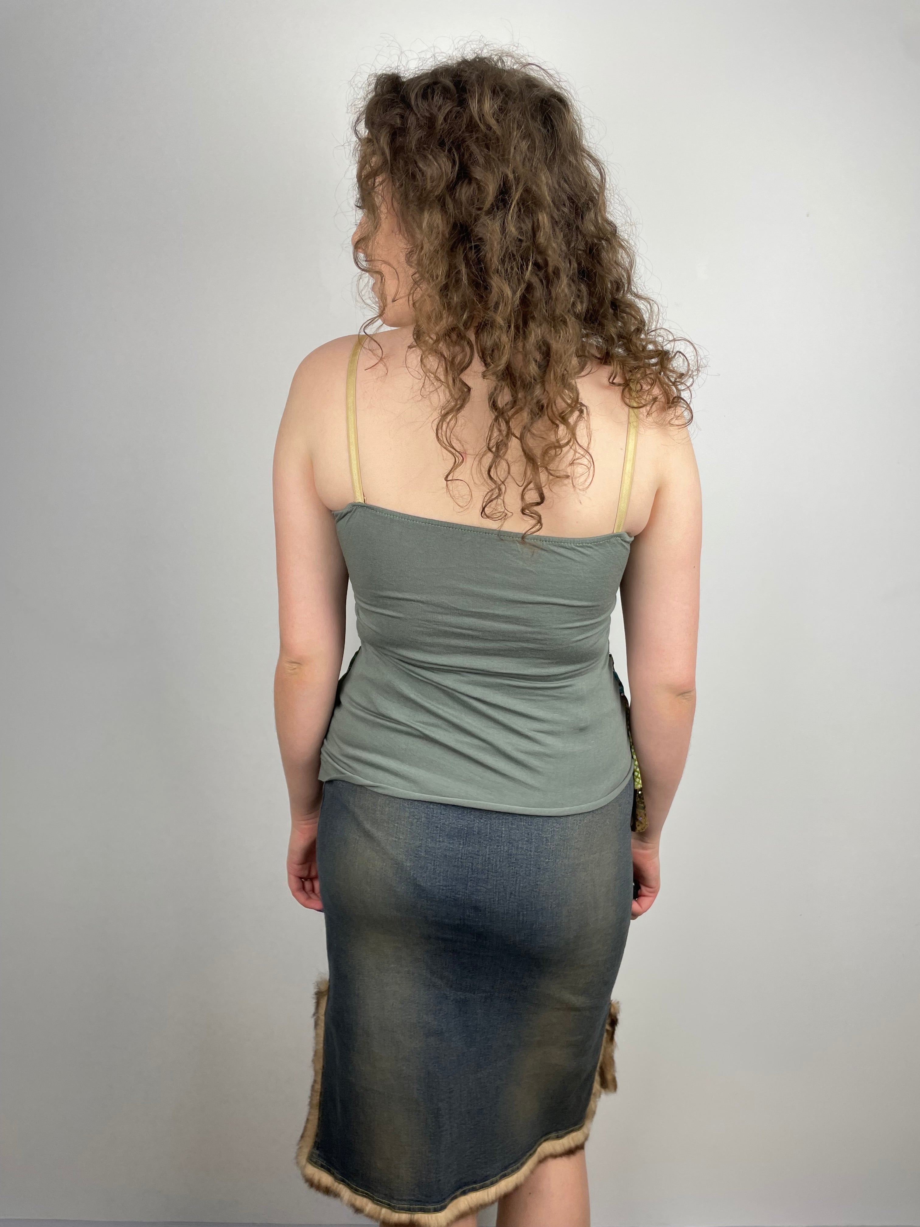 Vintage dark wash fur trim denim midi length skirt