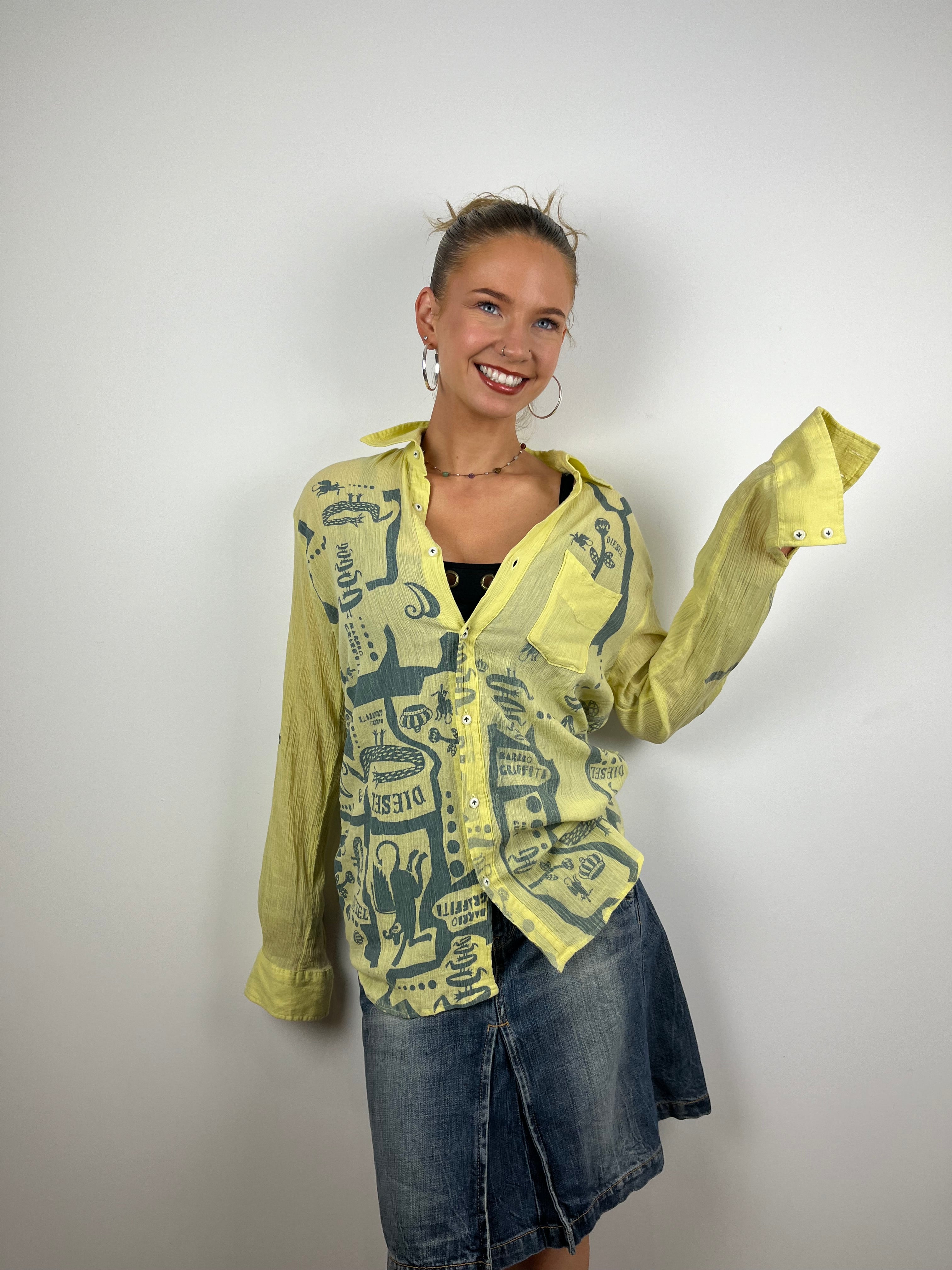 Vintage unisex Y2K abstract crepe mesh button up shirt