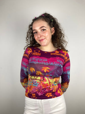 vintage pink mesh y2k longleeve ptterned top