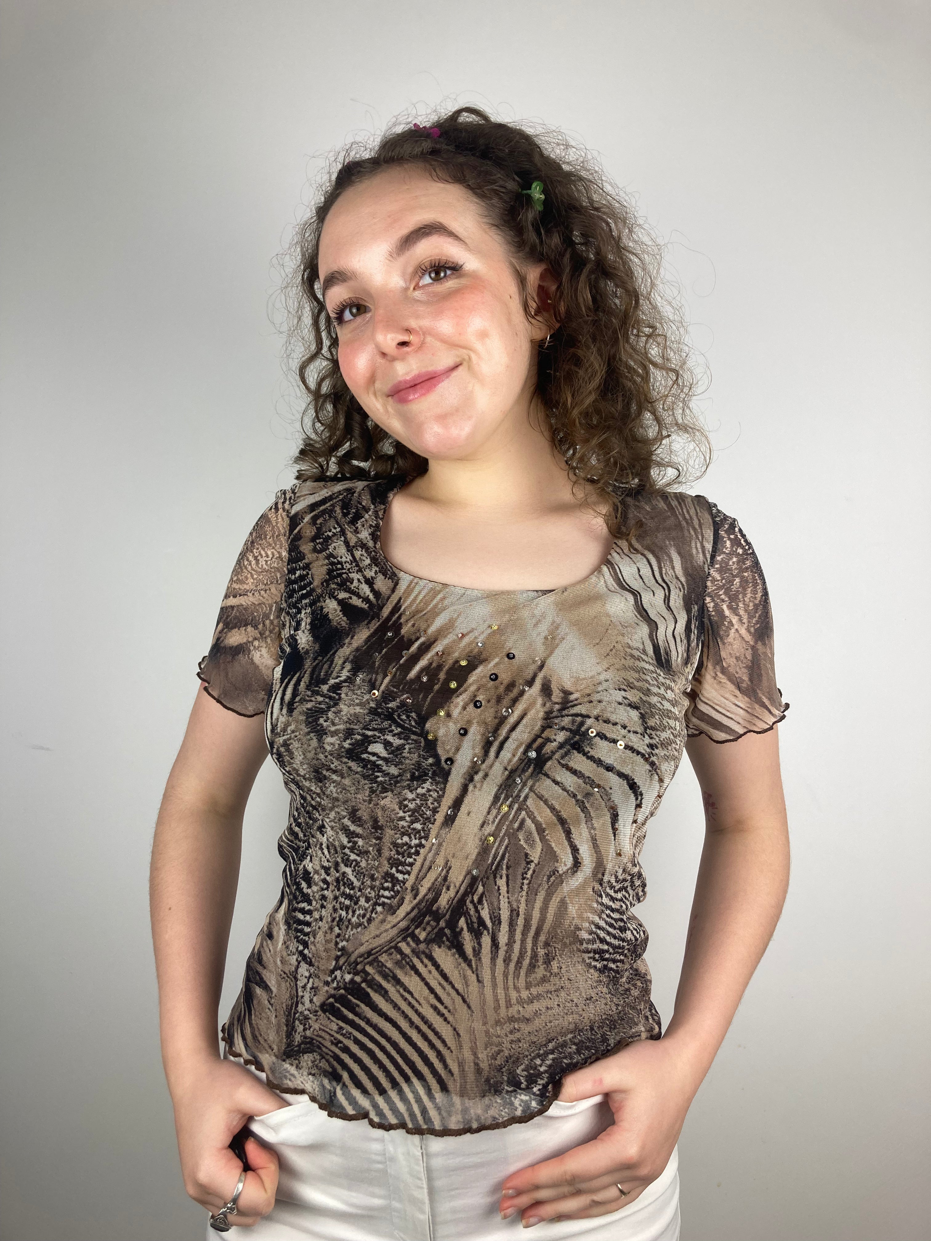 vintage brown tiger print y2k mesh tshirt