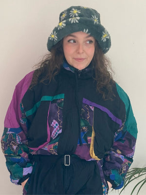 dark green daisy print fluffy bucket hat