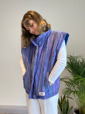 purple sleeveless puffer jacket