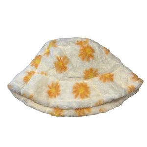 white fluffy bucket hat with orange daisy print