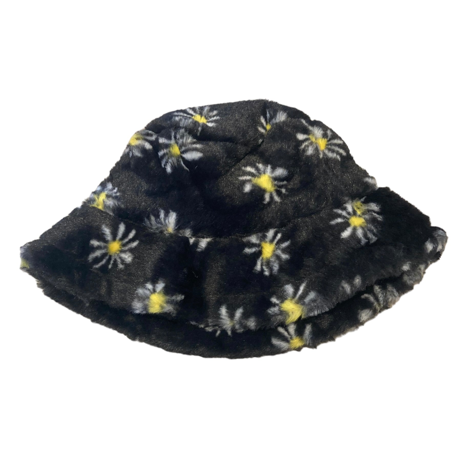 black daisy print fluffy bucket hat