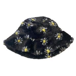 black daisy print fluffy bucket hat
