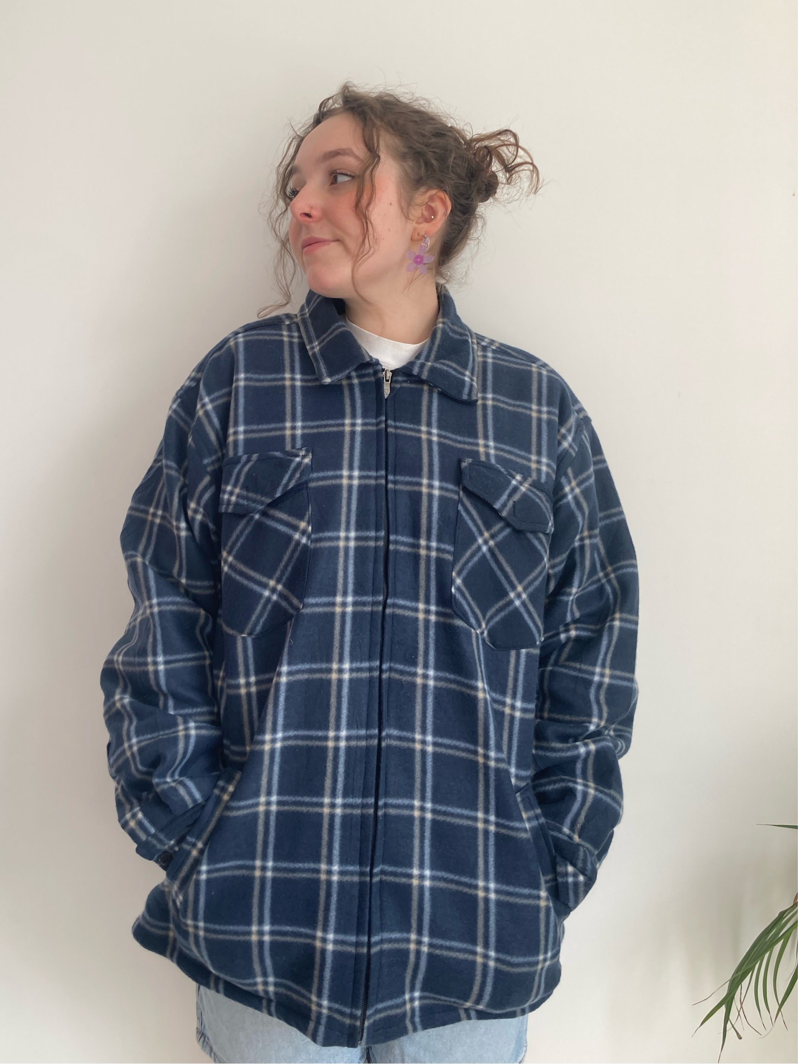 navy plaid zipup fleece shirt