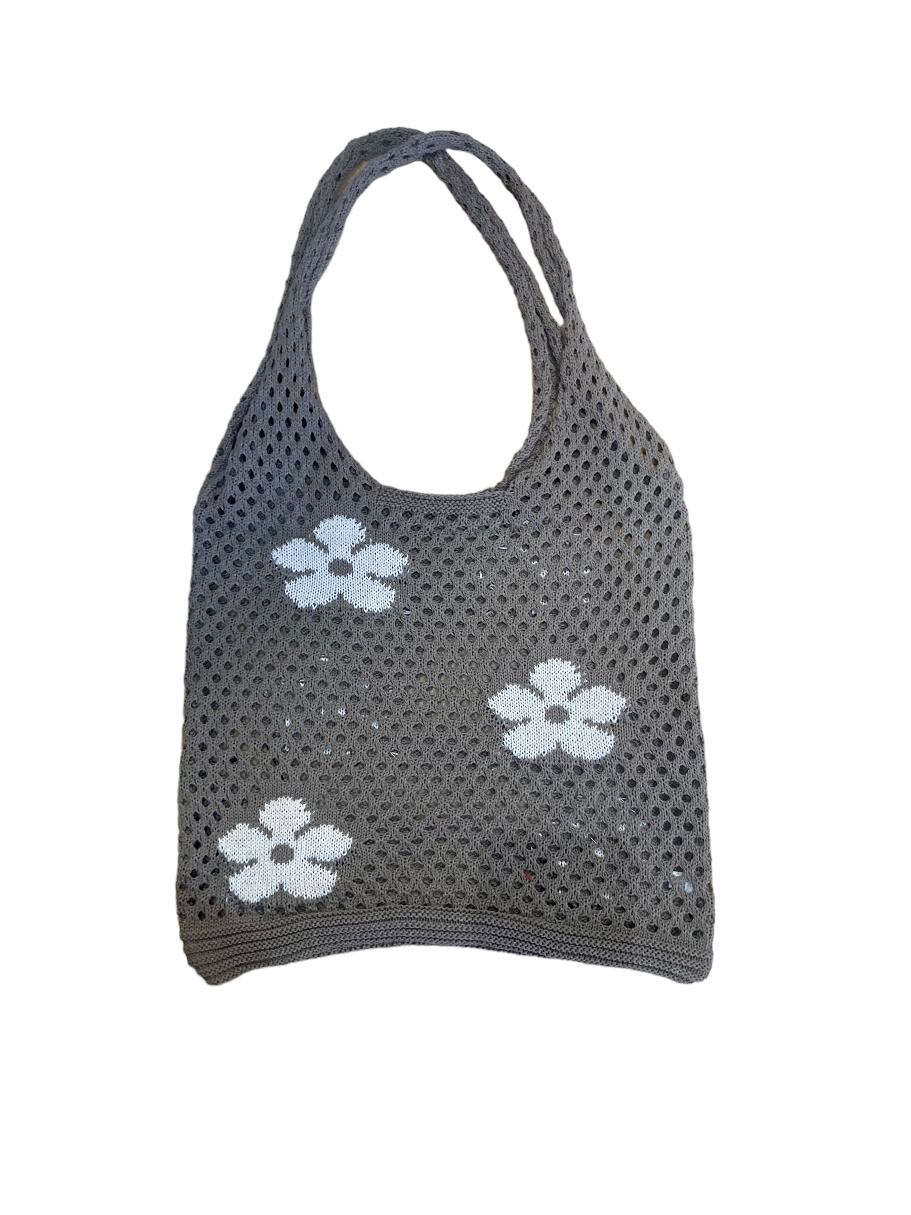 white daisy print brown net tote bag