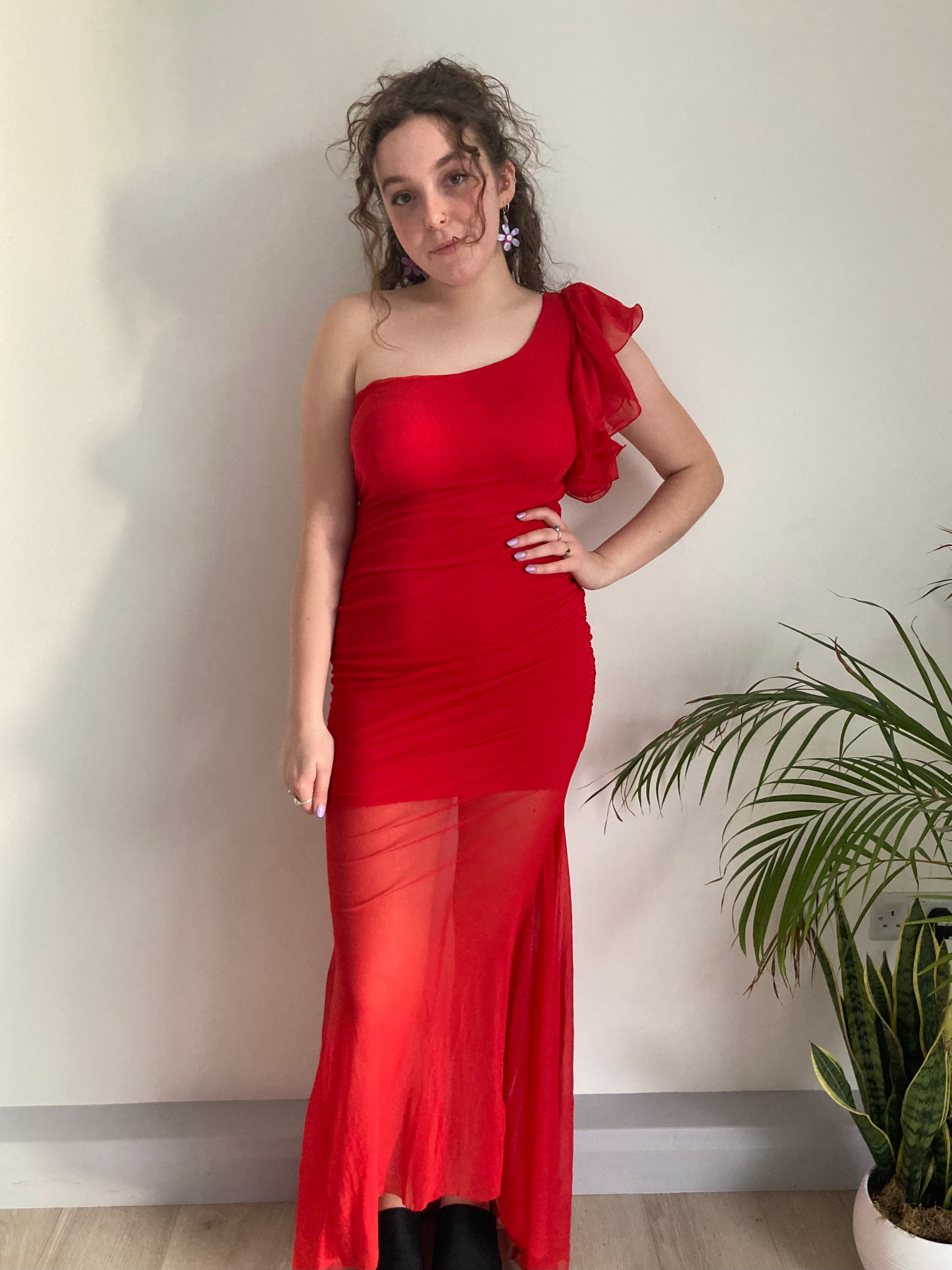 floorlength one shoulder red mesh dress