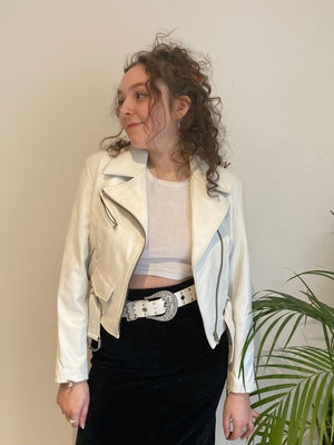white biker leather cropped jacket