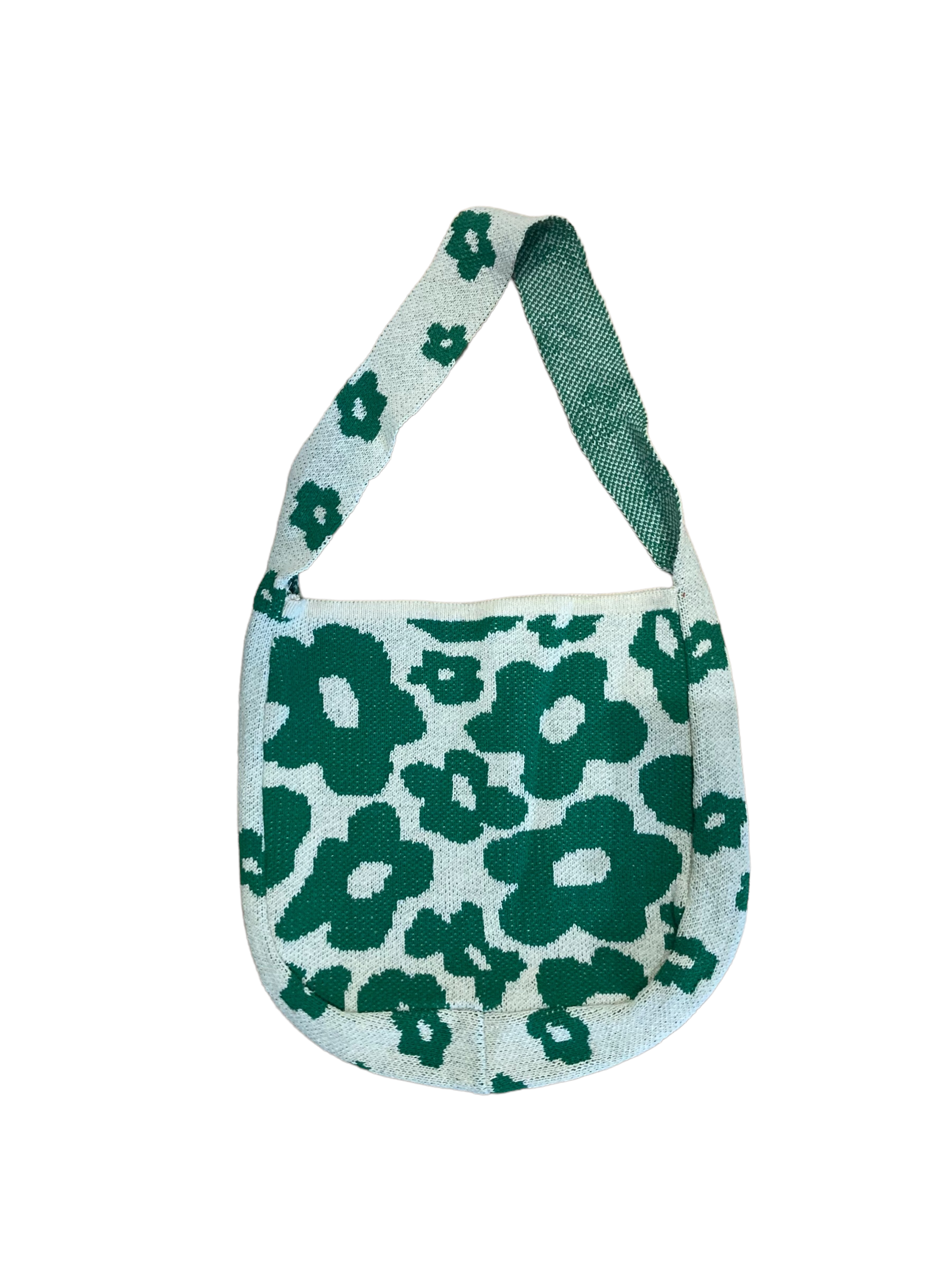 green flower print knit tote shoulder bag