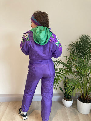 purple and green design ski suit