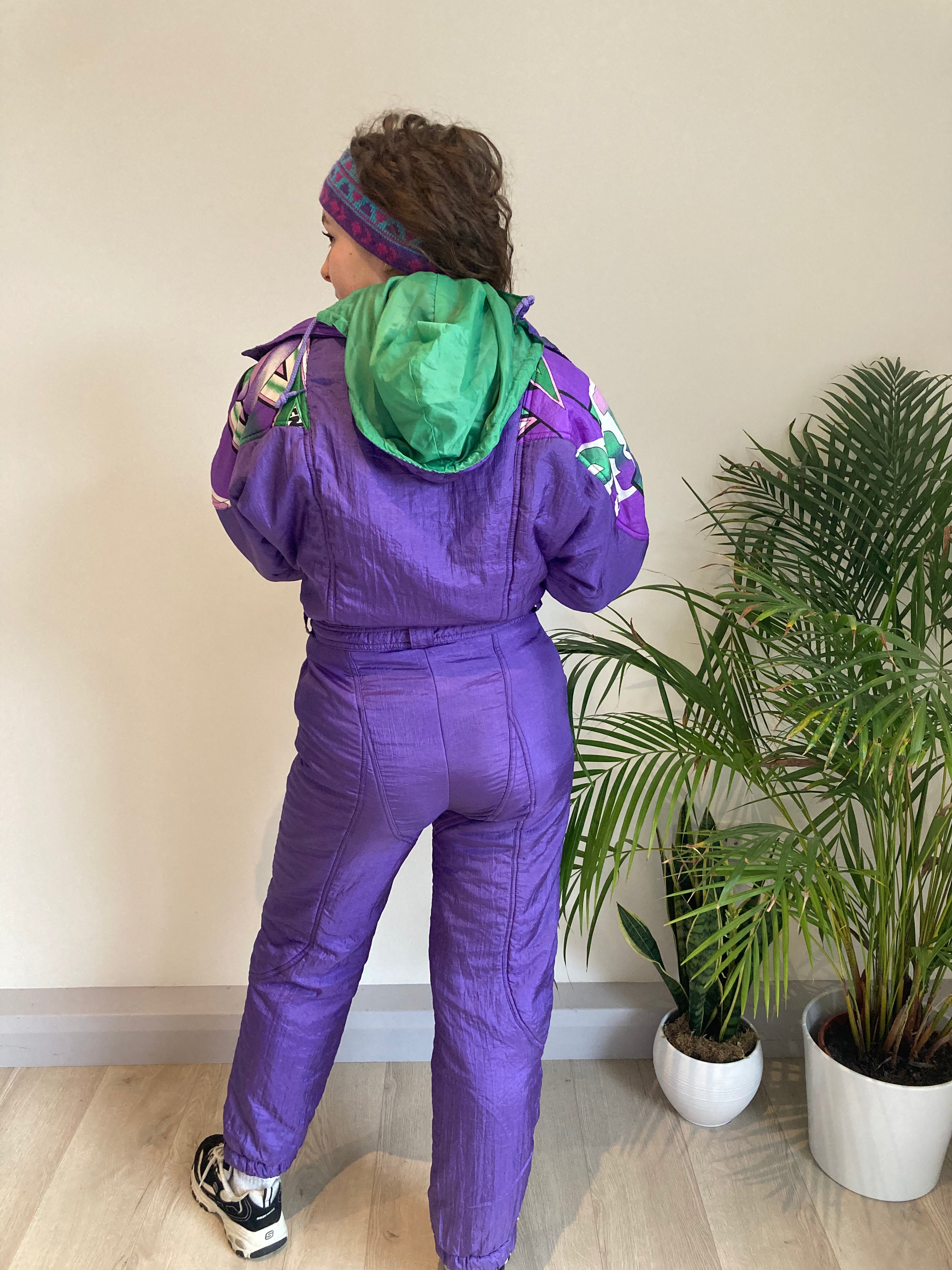 purple and green design ski suit