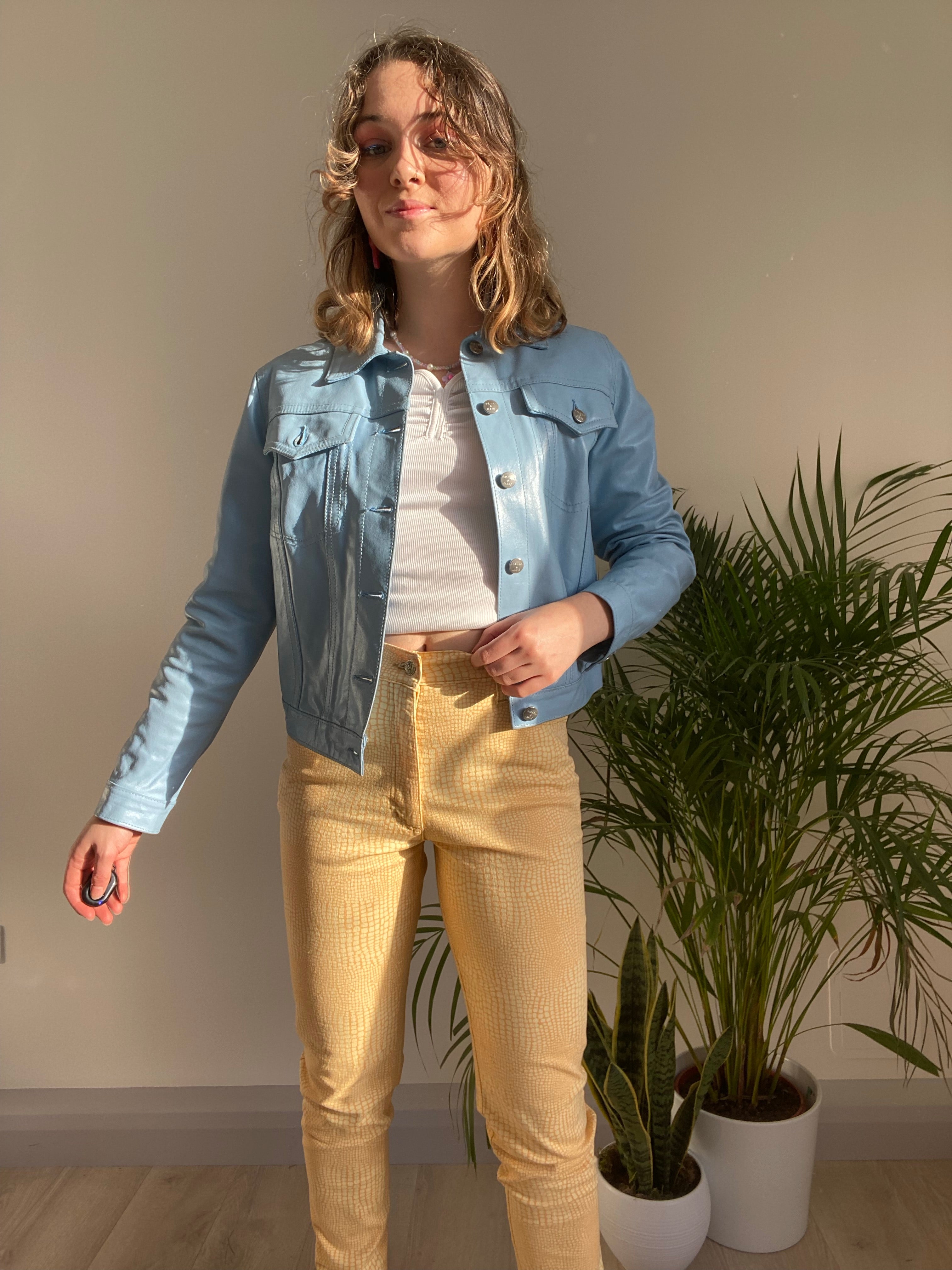 blue leather jacket