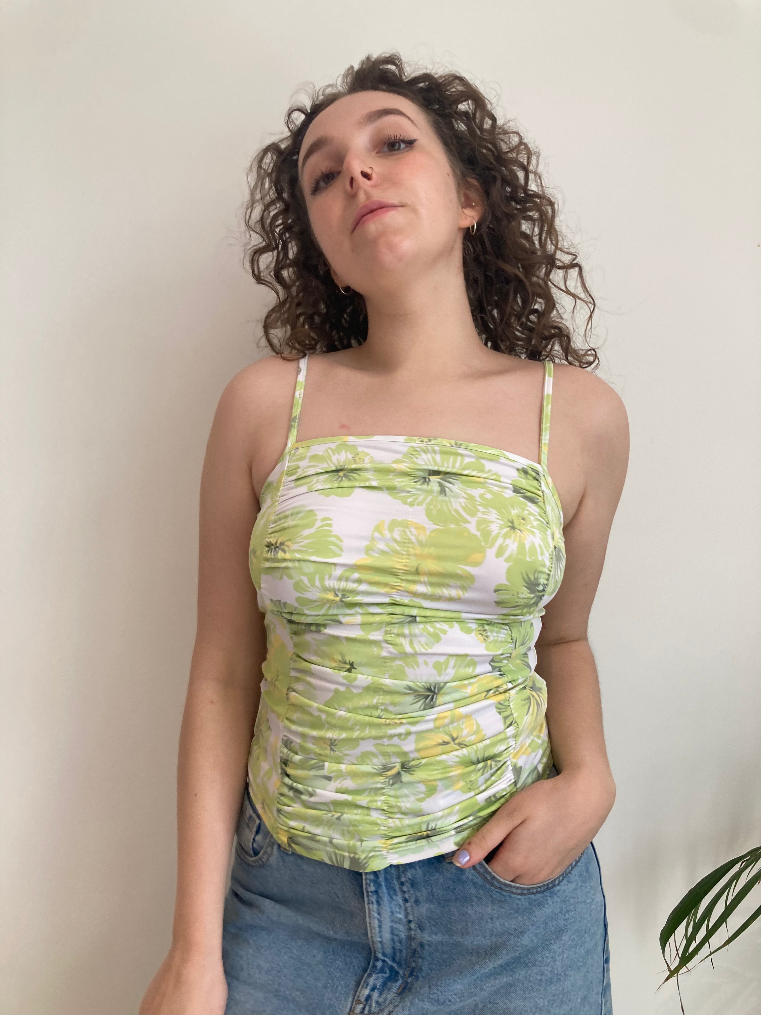 green hibiscus flower print y2k top