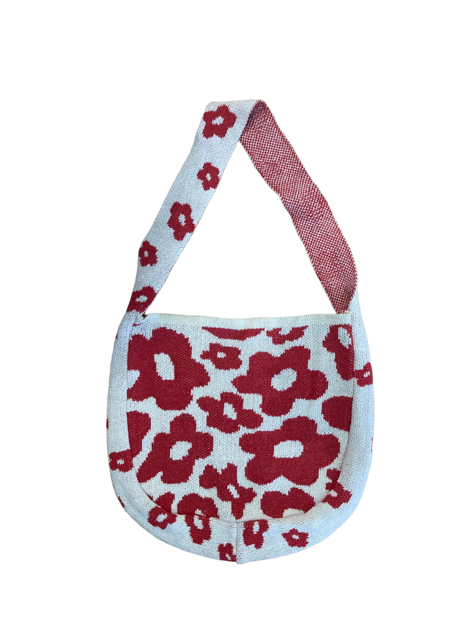 red flower knit tote shoulder bag