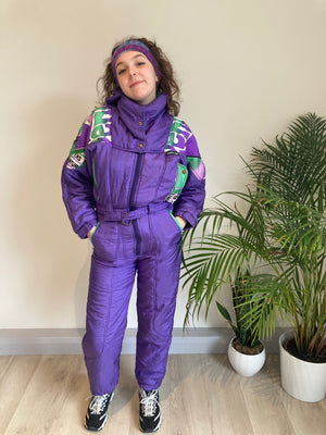 purple and green design ski suit