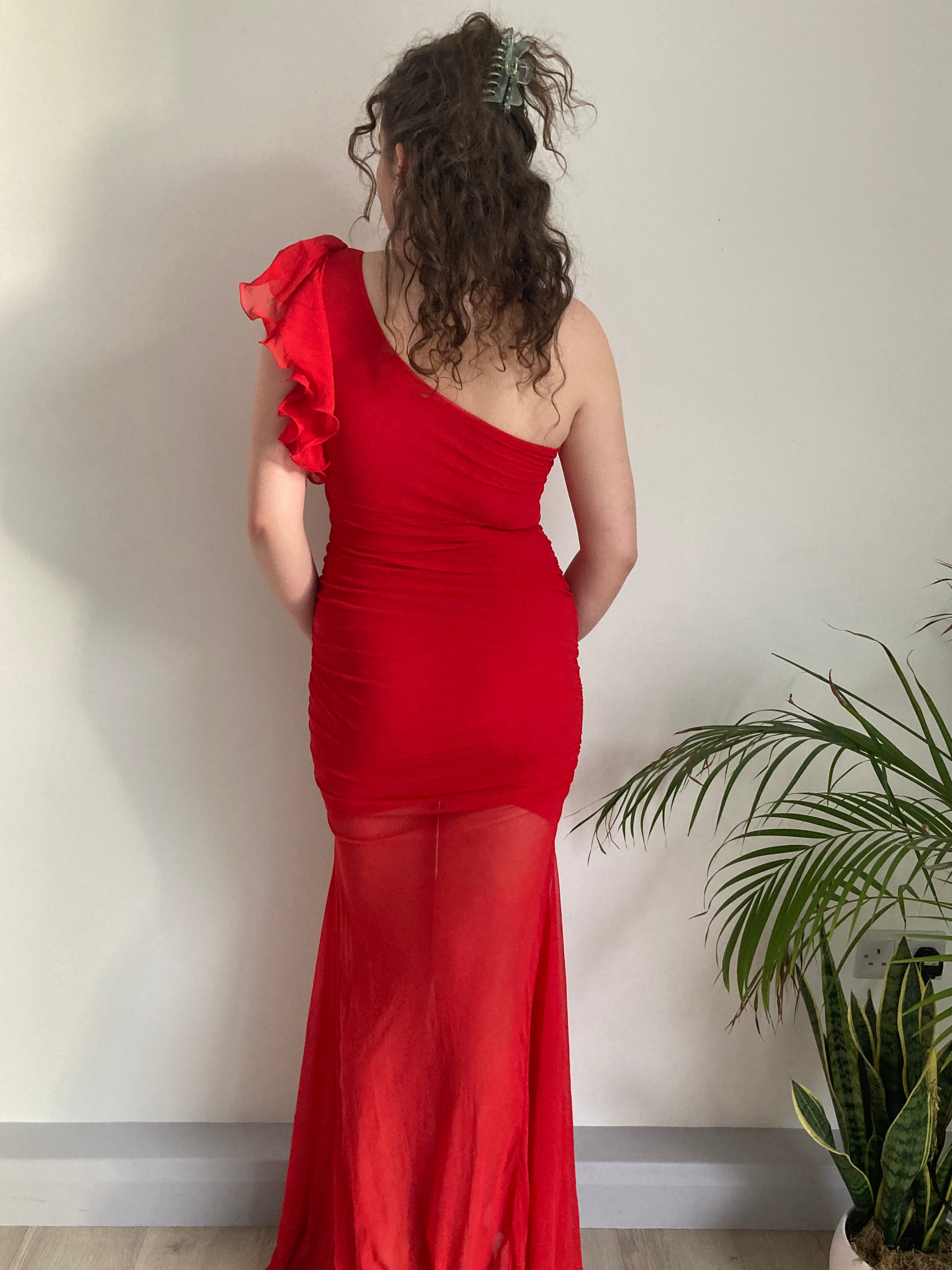 floorlength one shoulder red mesh dress