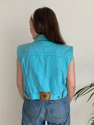 sky blue sleeveless beaded pocket denim jacket