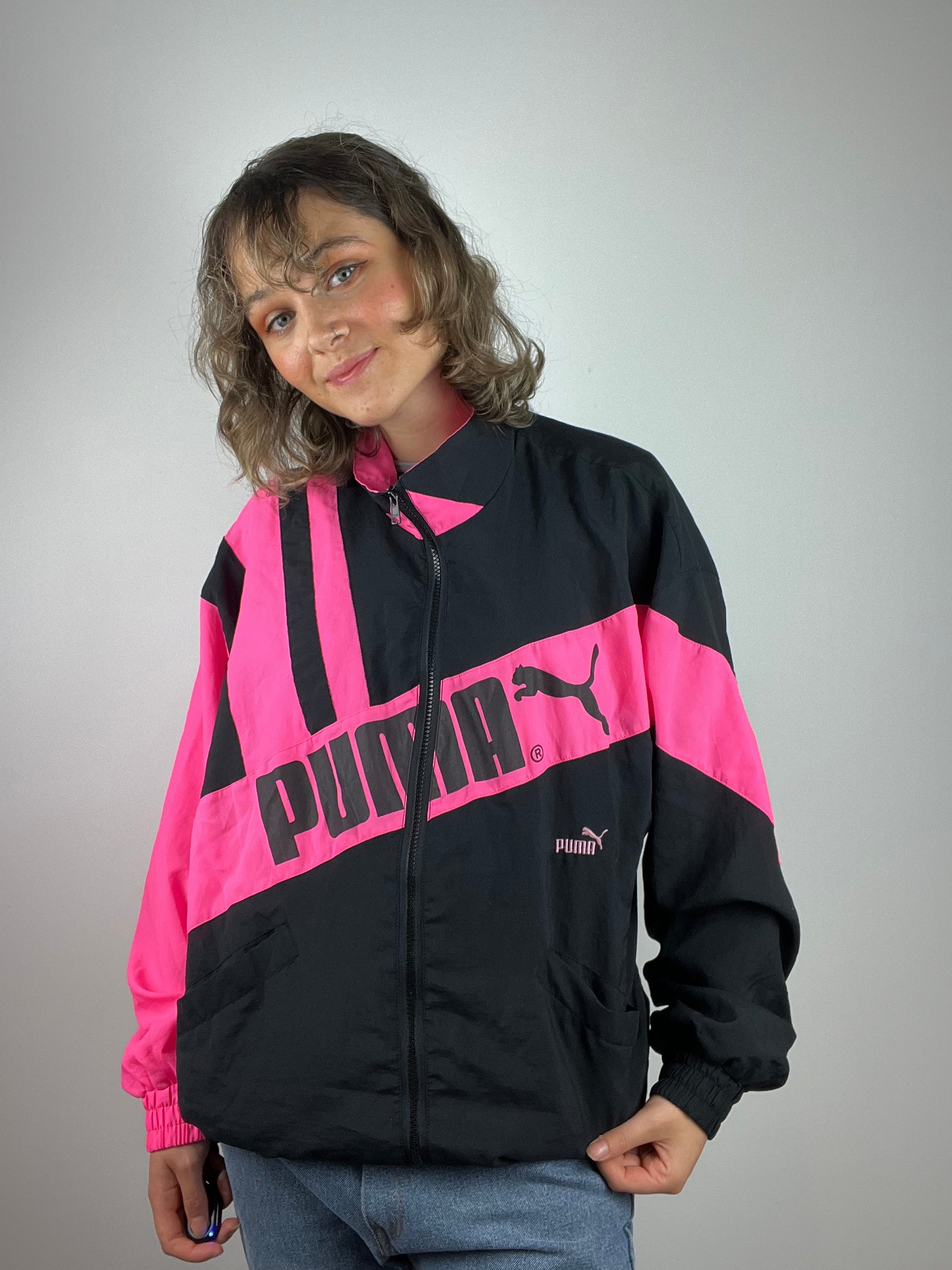 Vintage puma sports jacket black and pink 