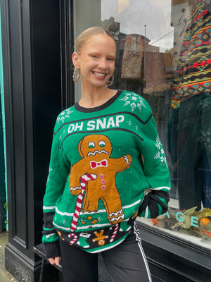 Vintage green oh snap gingerbread man knit Christmas sweater 