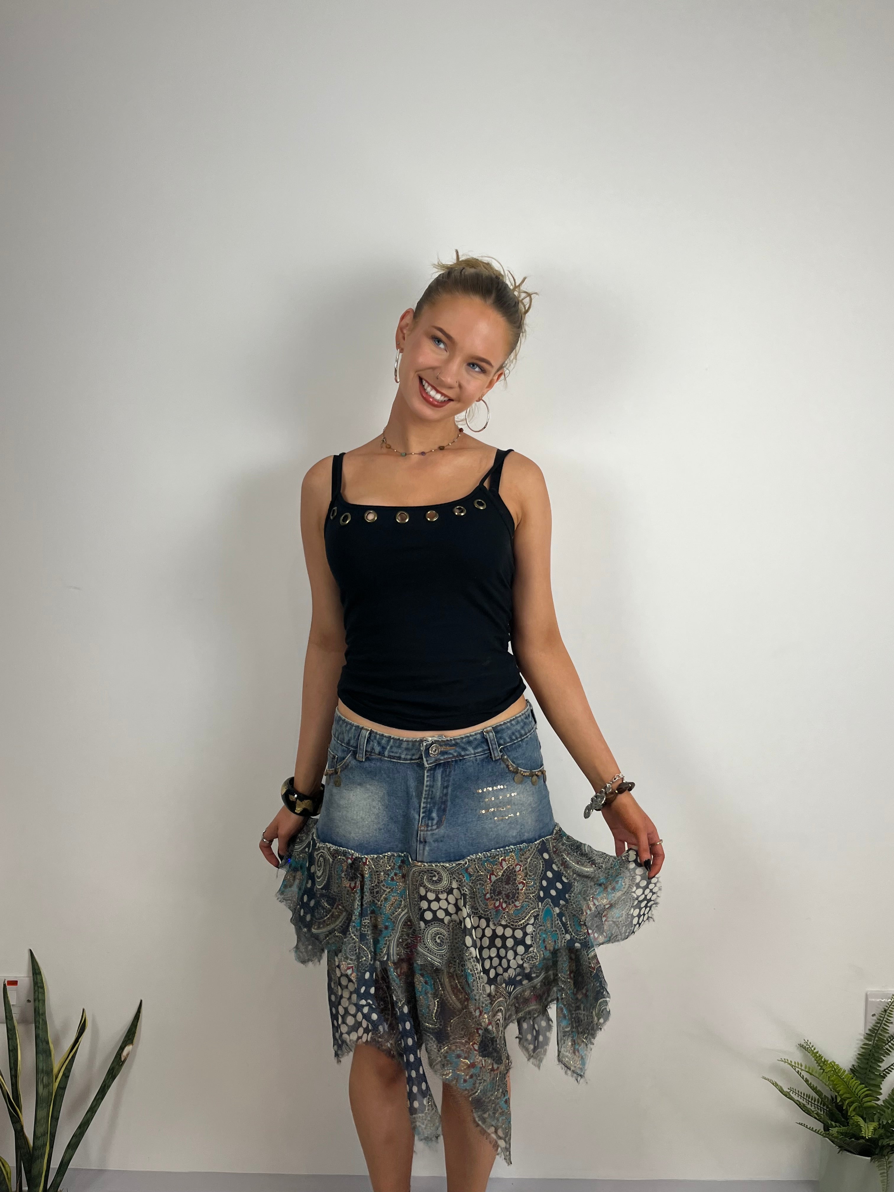 Vintage Y2K mesh floral denim skirt 