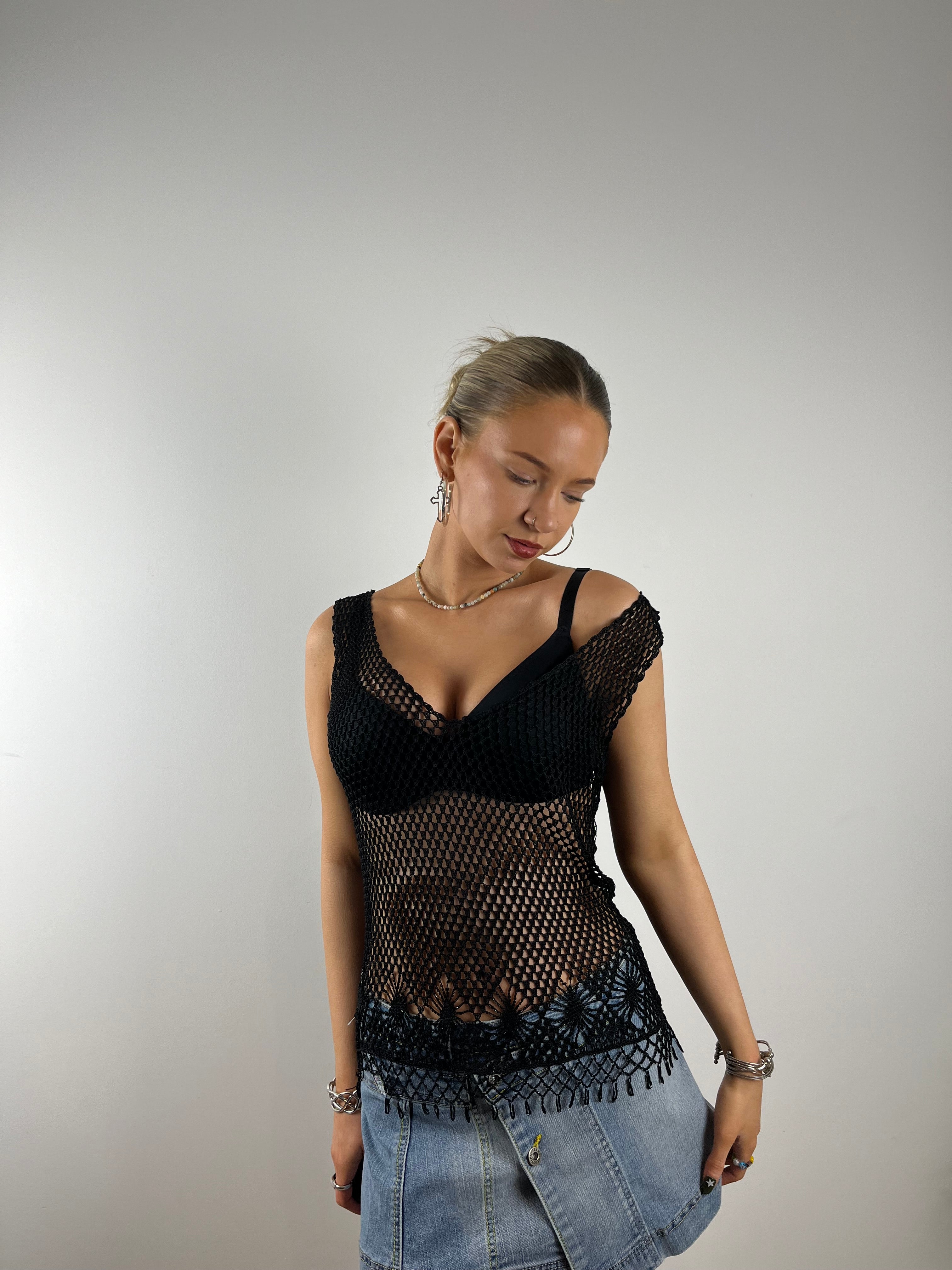 Vintage Y2K black beaded crochet knit tank top 