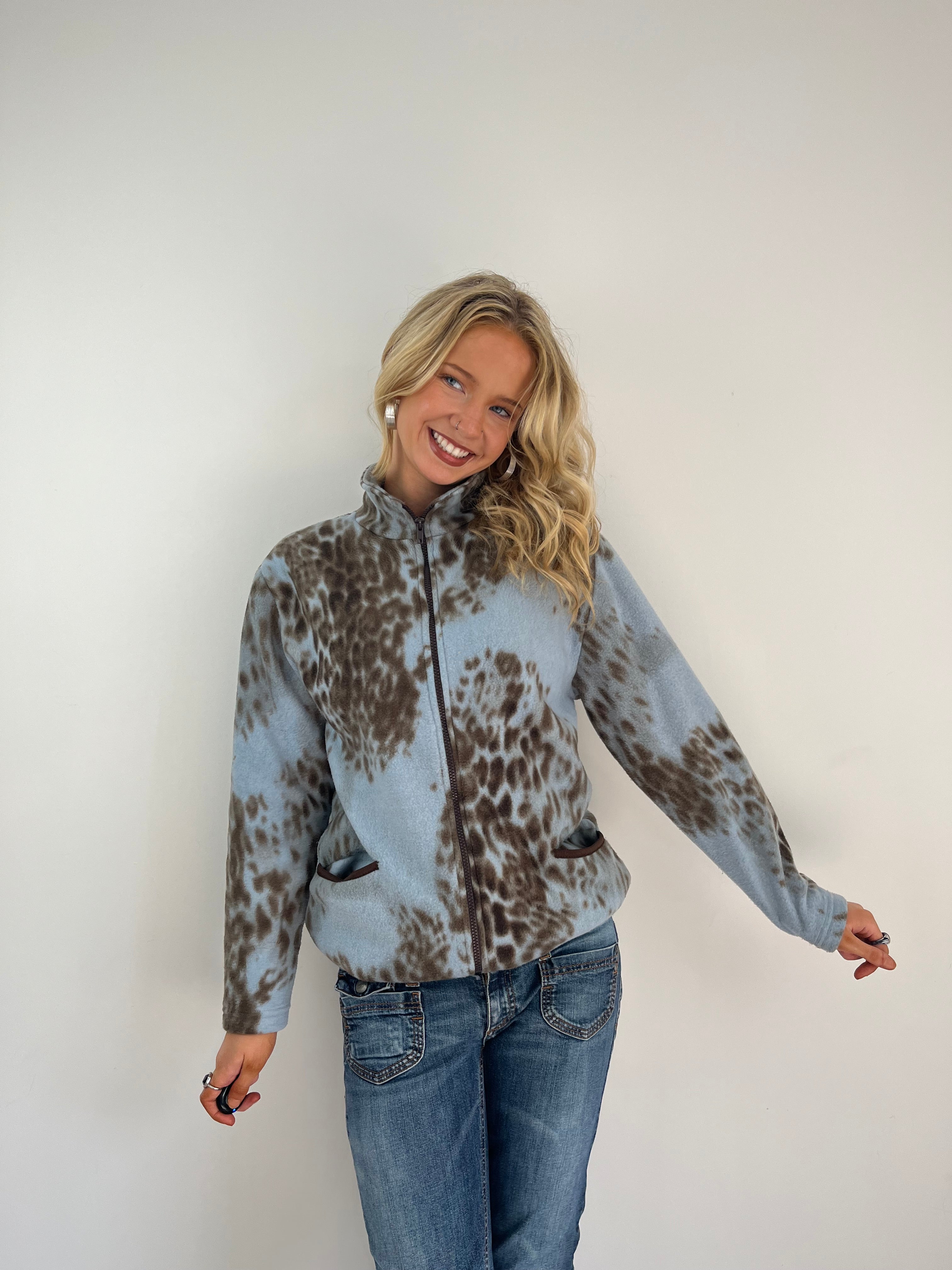 Vintage Y2K cheetah print blue brown fleece zip up 
