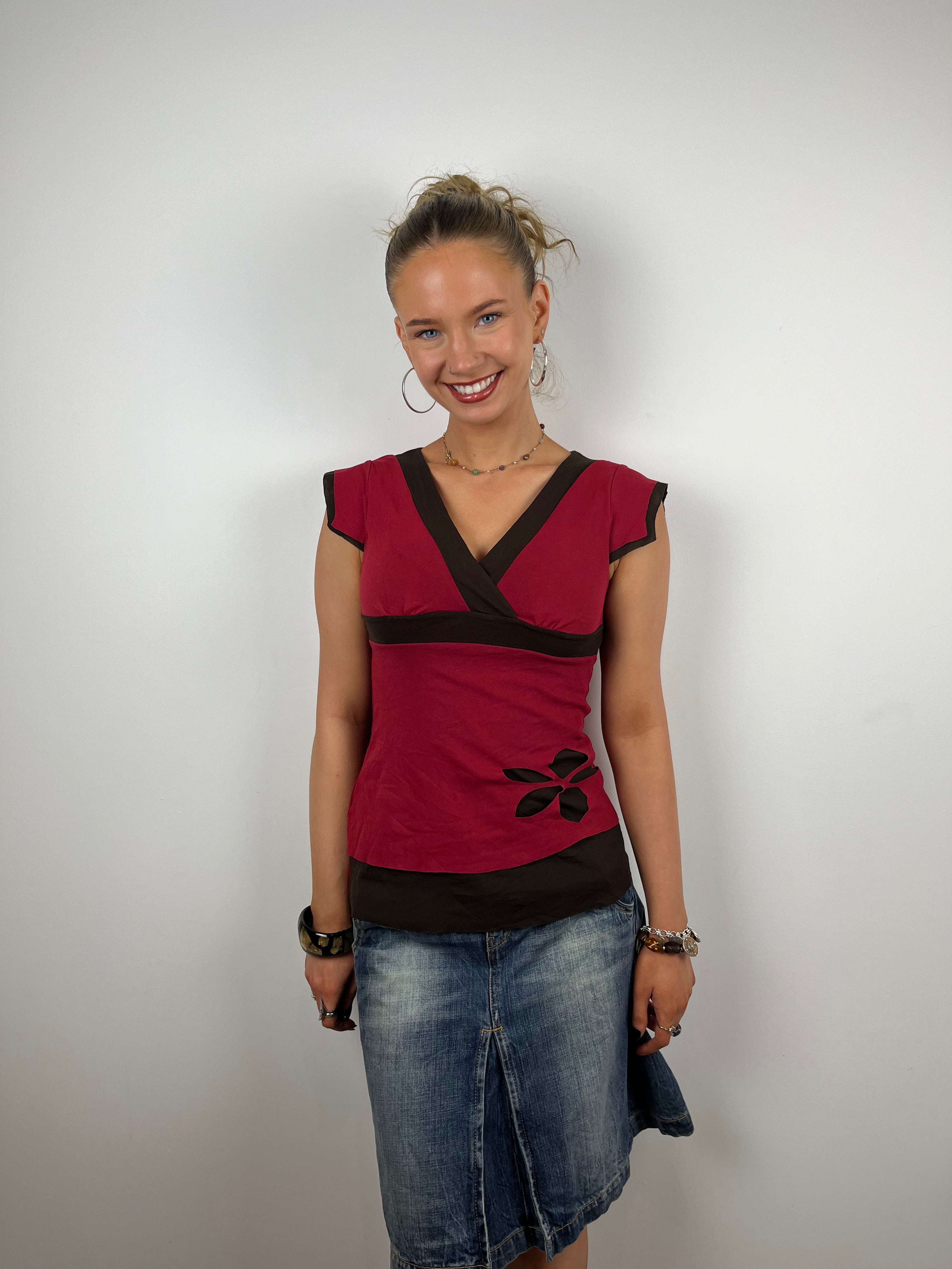 Floral red mesh short sleeve Y2K top 